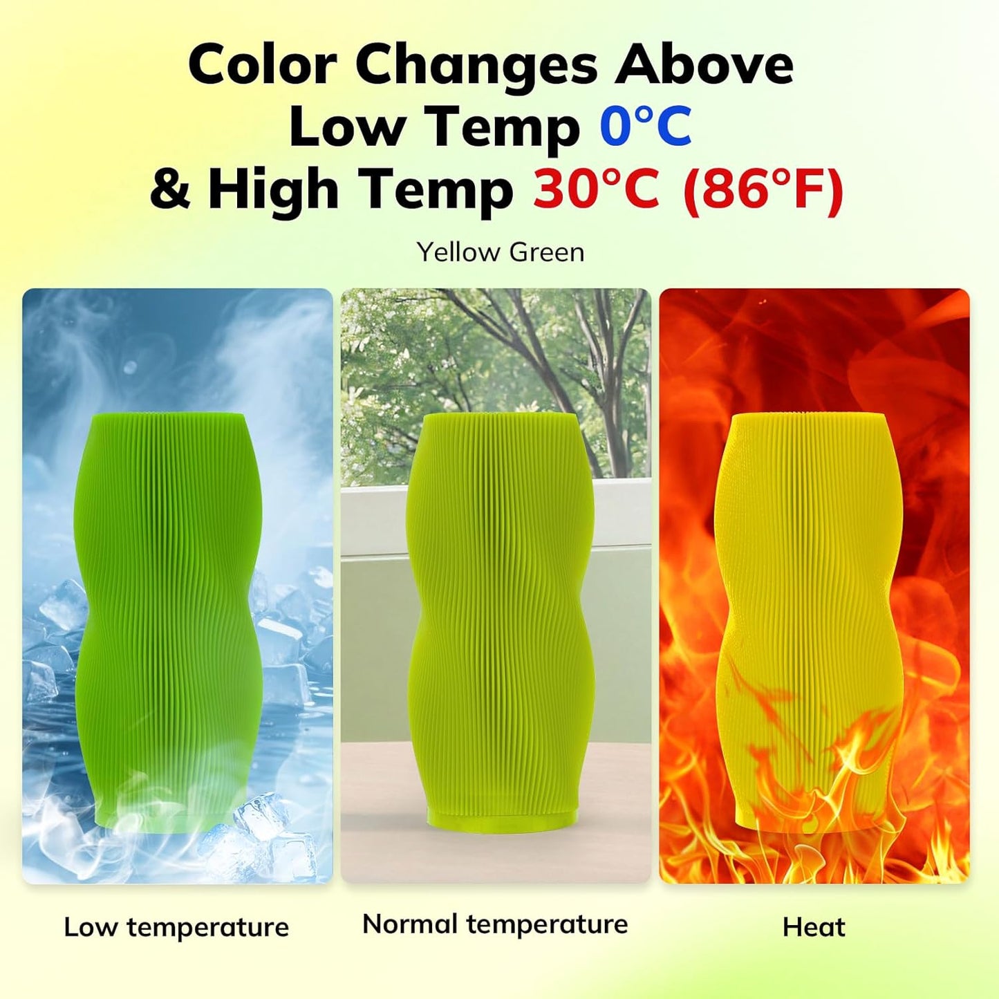 AMOLEN 3D Printer Filament, Temp Change Green to Yellow PLA Filament 1.75mm, Cold & Heat Temp Color Change with Temperature Filament, Dimensional Accuracy +/- 0.02mm, 1KG/2.2lb, Fits Most FDM Printers