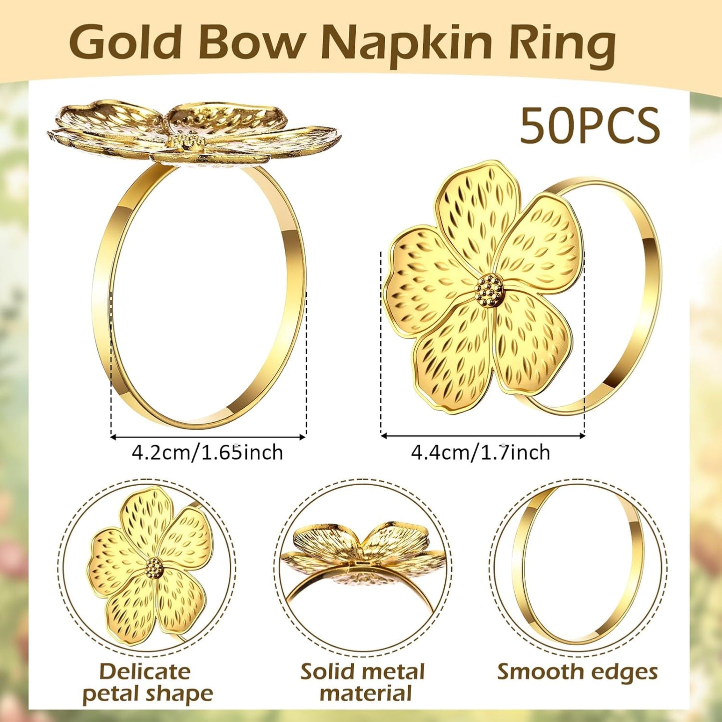 Bokon 50 Pcs Gold Napkin Rings Metal Napkin Holders Rings Bulk for Dining Anniversary Wedding Dinner Birthday Holiday Party Banquet Table Decoration (Flower)
