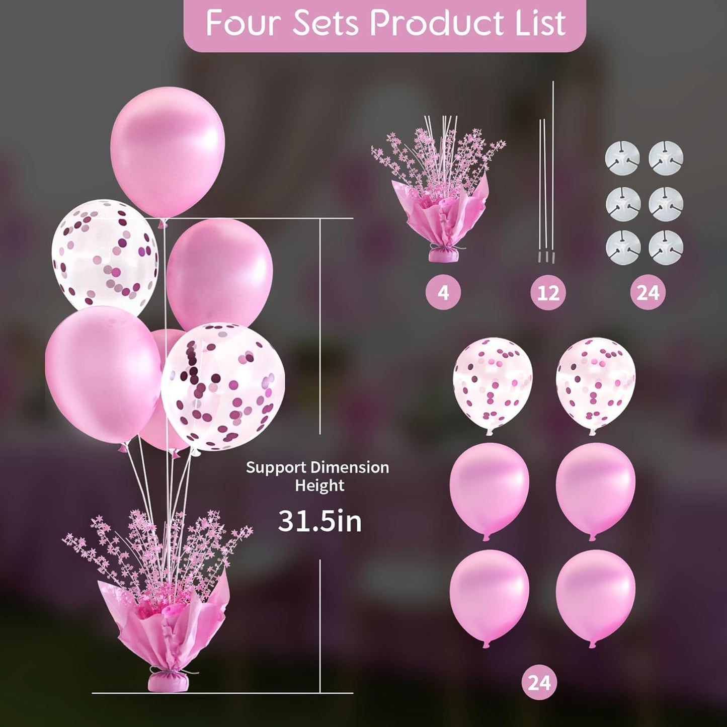 4 Set Pink Balloon Table Centerpieces for Birthday Parties, Balloon Stand Kit with Pink Balloons for Table Decoration