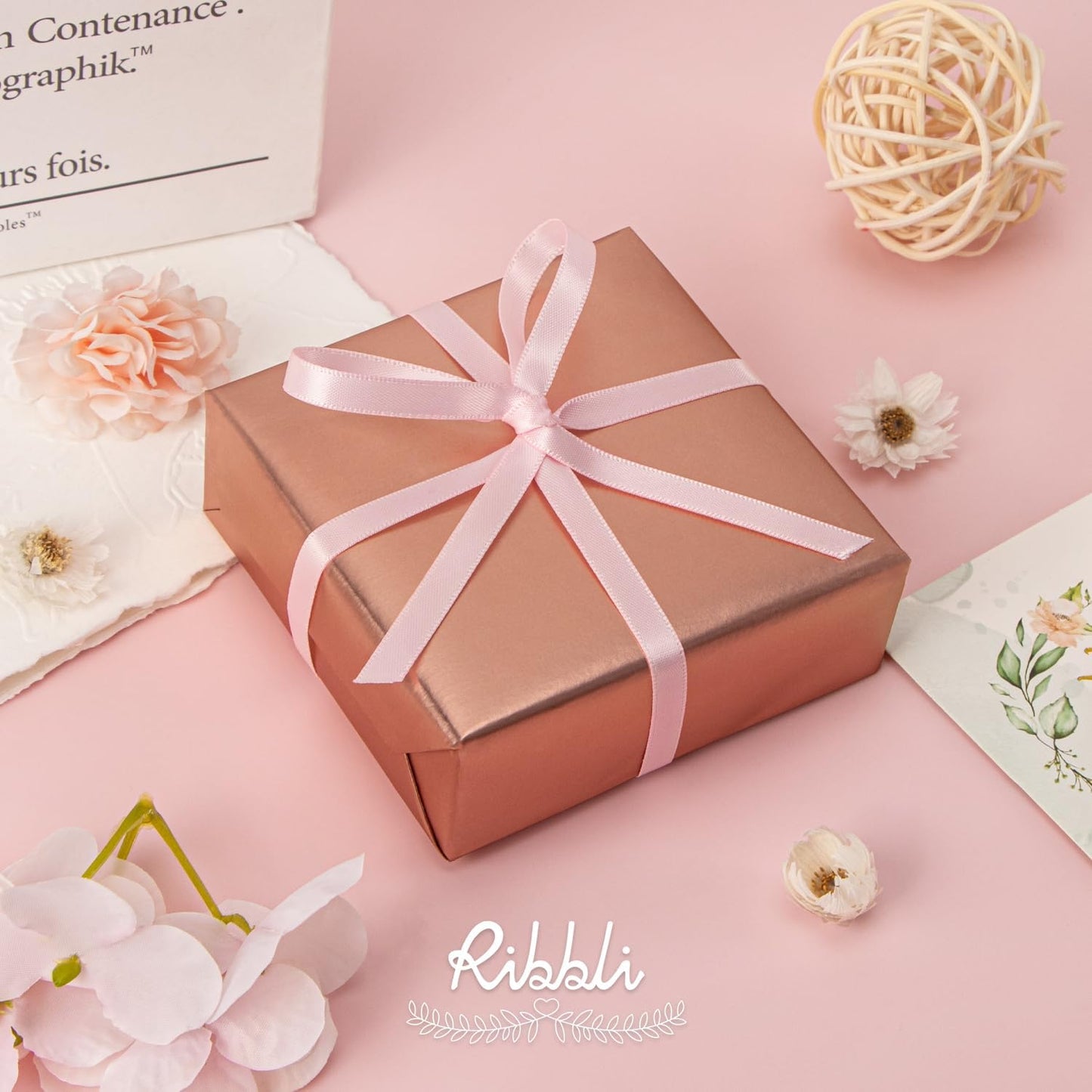 Ribbli Light Pink Satin Ribbon Double Faced Satin 1/4 Inch x Continuous 100 Yards-Baby Pink Ribbon for Gift Wrapping Crafts Wedding Decoration Bows Bouquet Floral Arrangement