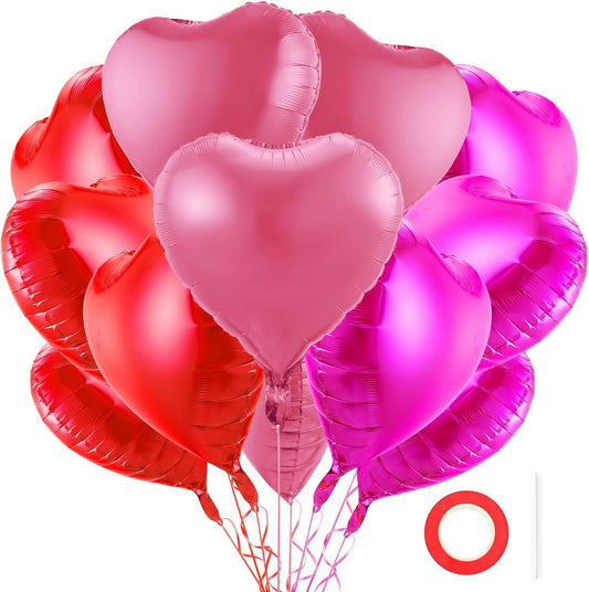 12Pcs 18 Inch Red, Hot Pink, Pink Heart Shaped Balloons, Love Balloons for Valentine's Day, Wedding, Birthday Decorations