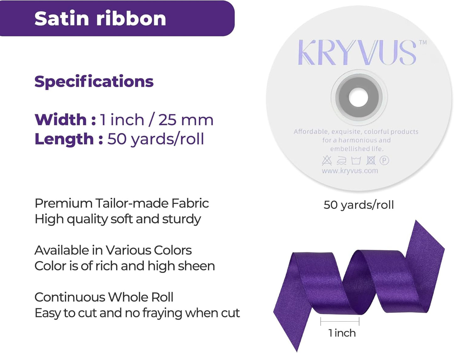 Purple Satin Ribbon 1 inch X Continuous 50 Yards, Single Face Polyester Ribbon Perfect for Gift Wrapping, Flower Bouquet, Wedding Decor, Crafts, Bow Making, Sewing and More