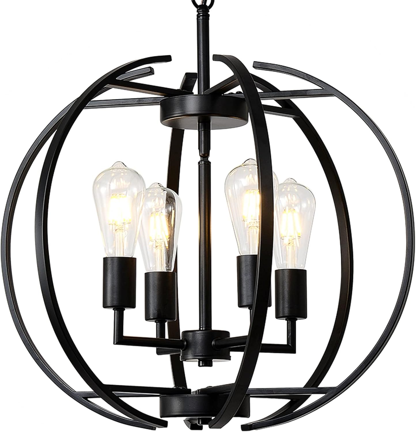 Large Lantern Globe Black Chandelier Lighting, Farmhouse Chandelier Adjustable Pendant Lighting Fixtures Hanging Ceiling 4 Light for Kitchen, Dining Room, Living Room, Hallway