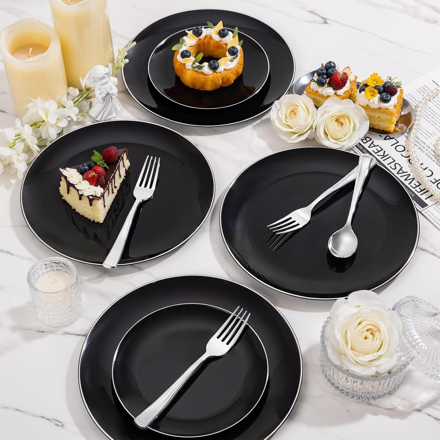 bUCLA 100PCS Black Plastic Plates - Heavy Duty Black Disposable with Silver Rim Include 50 Each (10 inch Dinner & 7 inch Dessert) Plates, Ideal for Party & Halloween