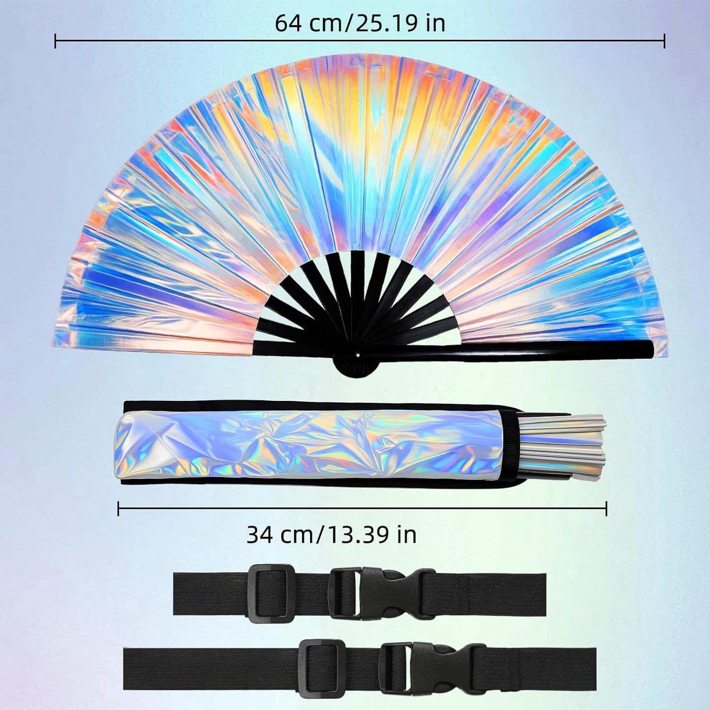 2pcs Rave Fans with Holsters 13 inches Large Folding Fan for Line Dancing Holographic Laser Clacks Fan Popping Fans for Music Festival Outfits Party Club Home Decoration