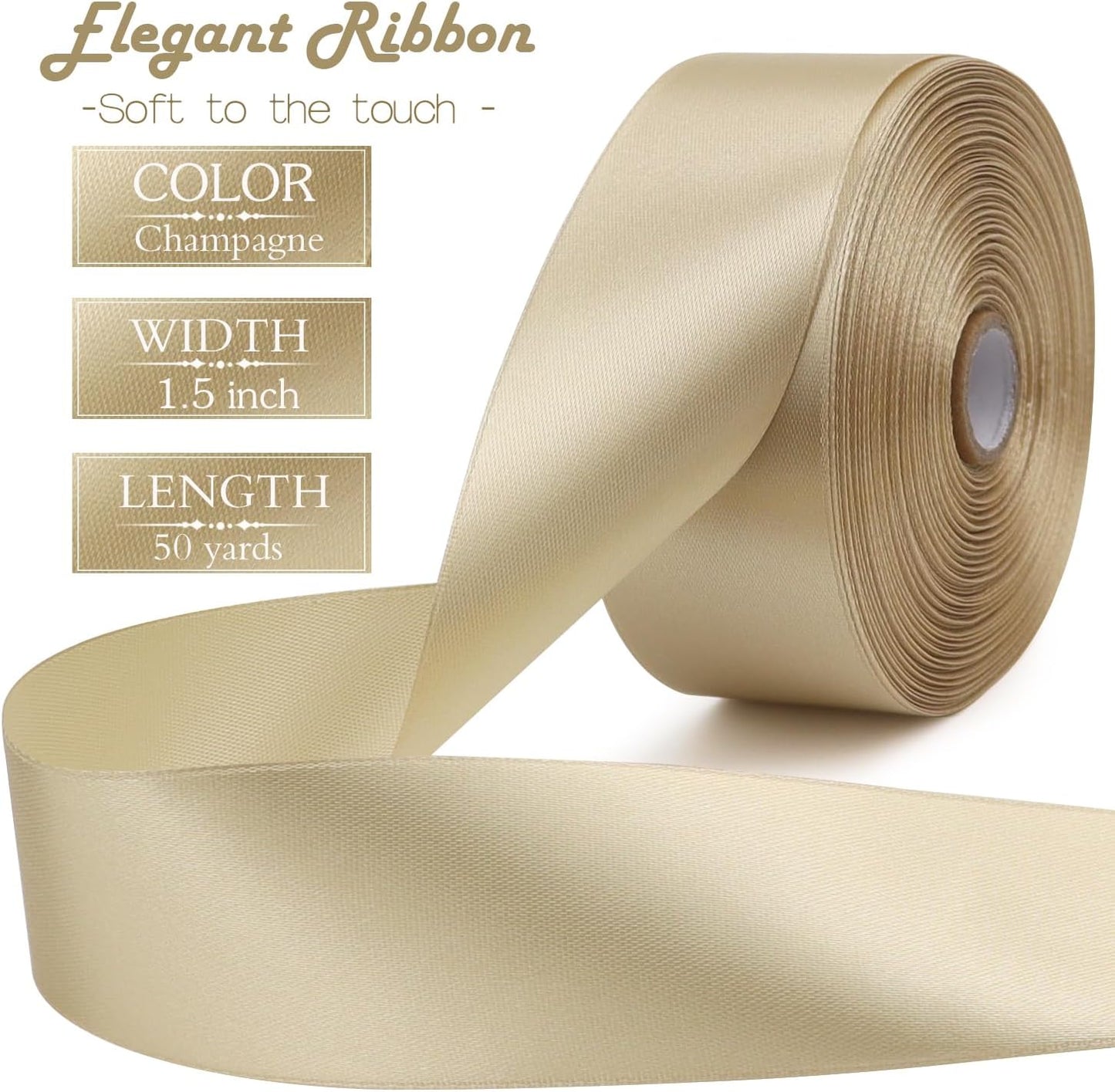 Champagne Solid Satin Ribbon 1-1/2 Inch 50 Yards Solid Polyester Fabric Ribbon for Gift Wrapping Wedding Christmas Baby Shower Birthday Party Decoration Handmade Immortal Flower Craft