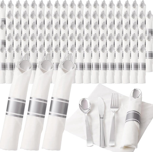 200Guests Pre Rolled Silver Plastic Silverware Sets - Heavy Duty Silver Cutlery - Include 200 Pack Wrapped Disposable Utensils with Napkins for Parties & Dinners & Weddings