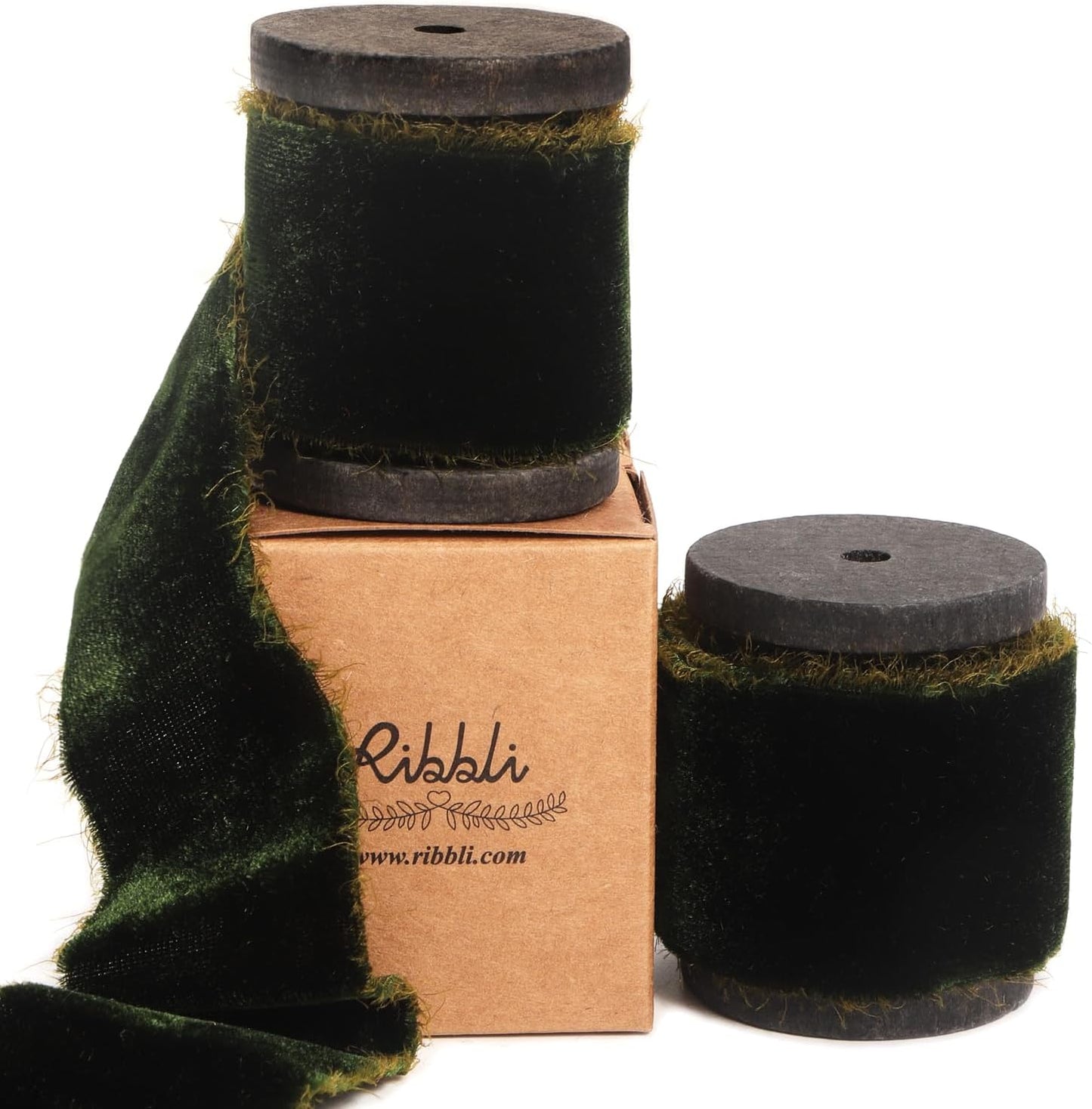 Ribbli Dark Moss Velvet Ribbon 1.5 Inch Handmade Frayed Vintage Christmas Ribbon for Gift Wrapping Christmas Tree Ornament Wreath Craft Home Decor -Total 3 Yards with Wooden Spool
