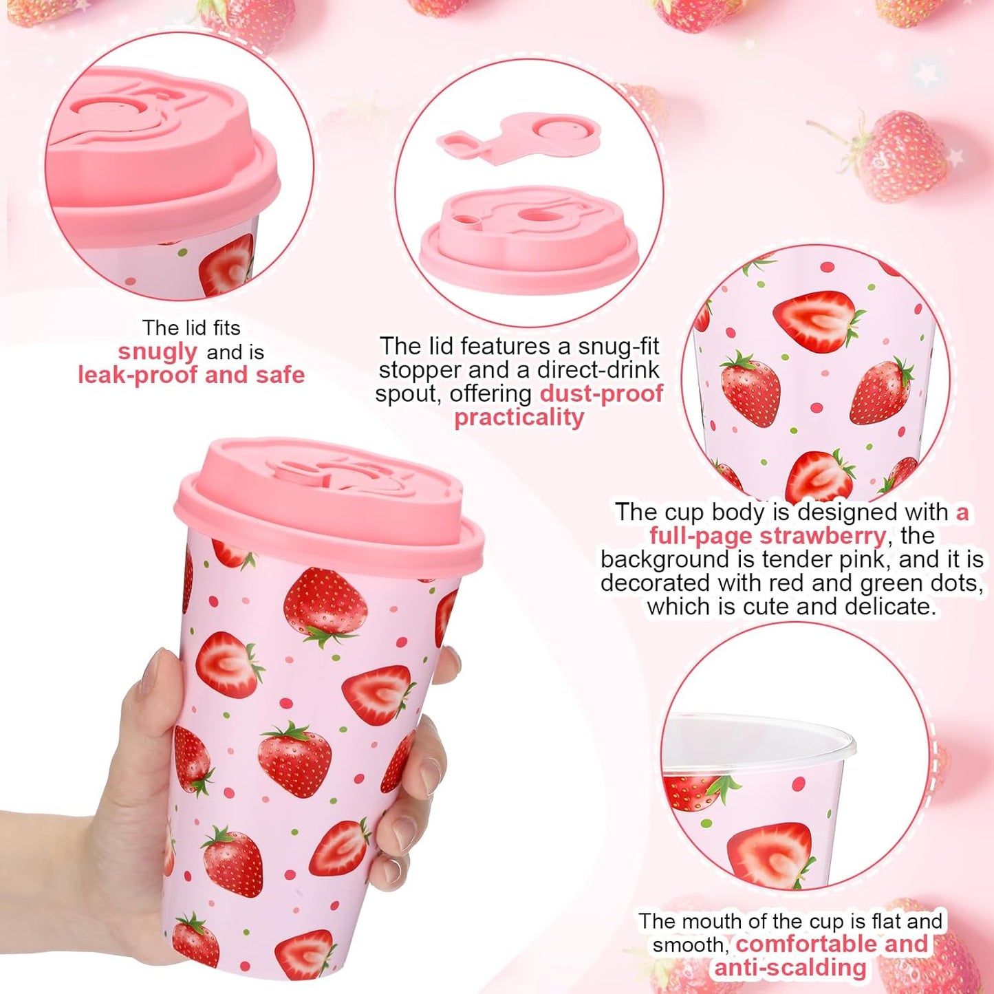 Yungyan 16 Sets Strawberry Party Favors Goodie Cups with Lids and Straws for Birthday Decorations Reusable 16oz Plastic Candy Cups Plastic Straws for Birthday Party (Strawberry)