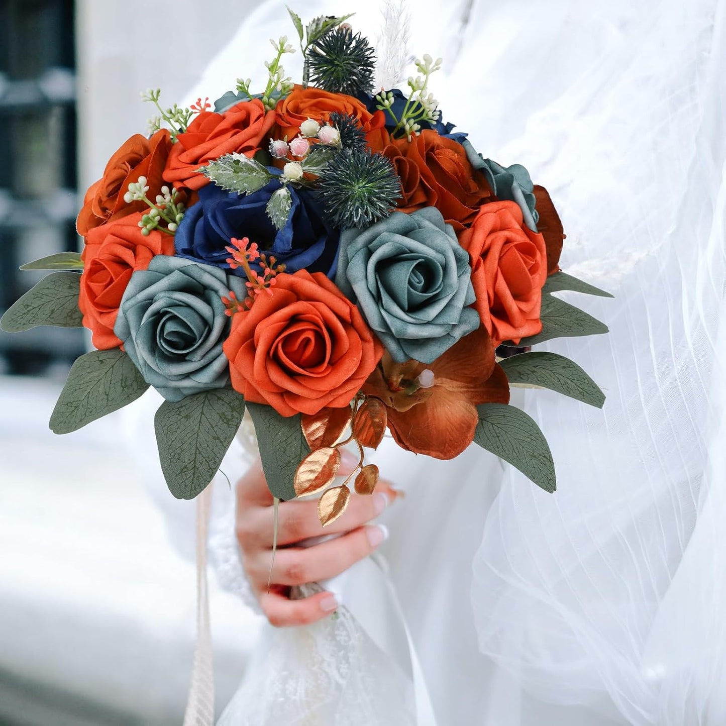 Artificial Flowers Combo for DIY Wedding Bouquets Combo Centerpieces Arrangements Party Bridal Baby Shower Home Decorations-Teal&Terracotta