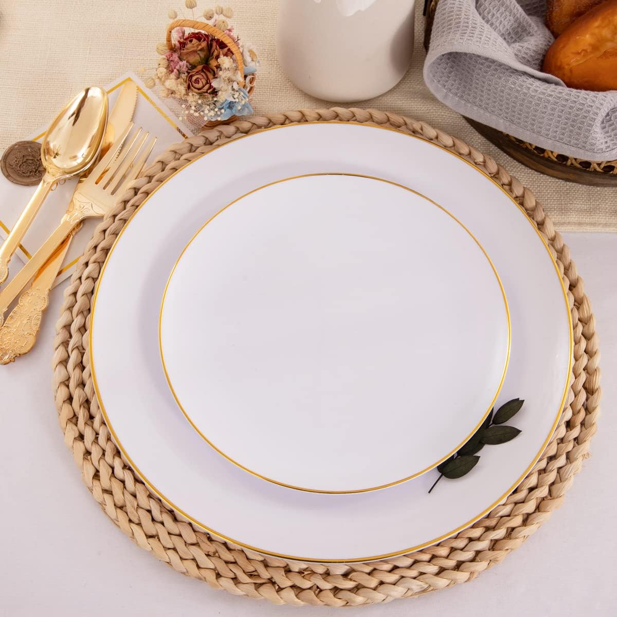 KIRE 100PCS Disposable Plates - White with Gold Rim for Thanksgiving Party/Wedding - Includes 50Pieces 10.25inch Dinner and 50Pieces 7.5inch Dessert/Salad Plates