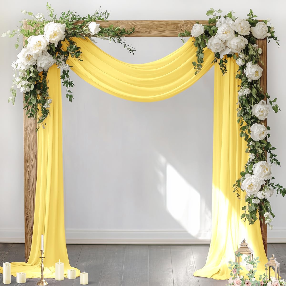 Socomi Wedding Arch Draping Fabric 2 Panels 29" x 19Ft Sheer Chiffon Curtain Drapes 6 Yards for Wedding Ceremony Birthday Party Decoration Yellow Gold