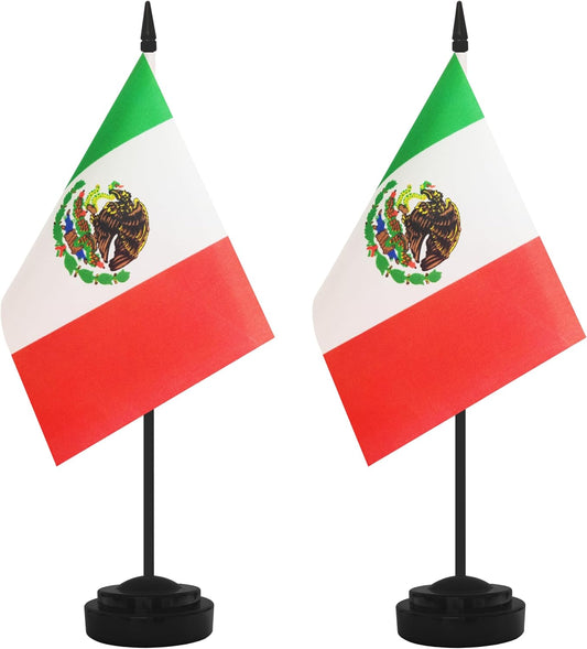 2 Pack Mexico Desk Flag Set, Mexican Desktop Small Miniature Table Office Flag with 12" Black Pole and Black Base, Offices, Classroom, Home, Festival Decoration (Mexico)