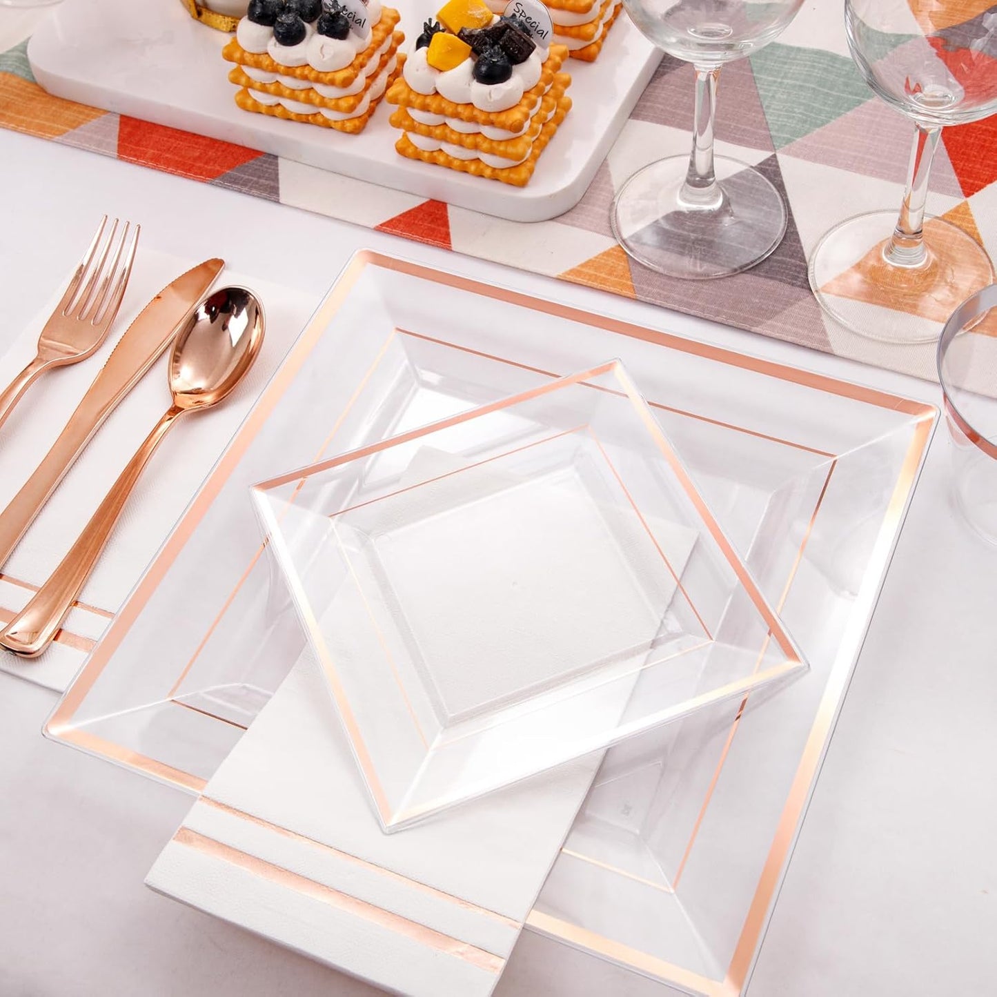 Festiva 350Pcs Rose Gold Plastic Plates - Clear Rose Gold Disposable Dinnerware Sets for 50Guests include 100 Plates 50 Cups 50Plastic Cutlery 50Napkins Perfect for Party&Wedding&Mother's Day