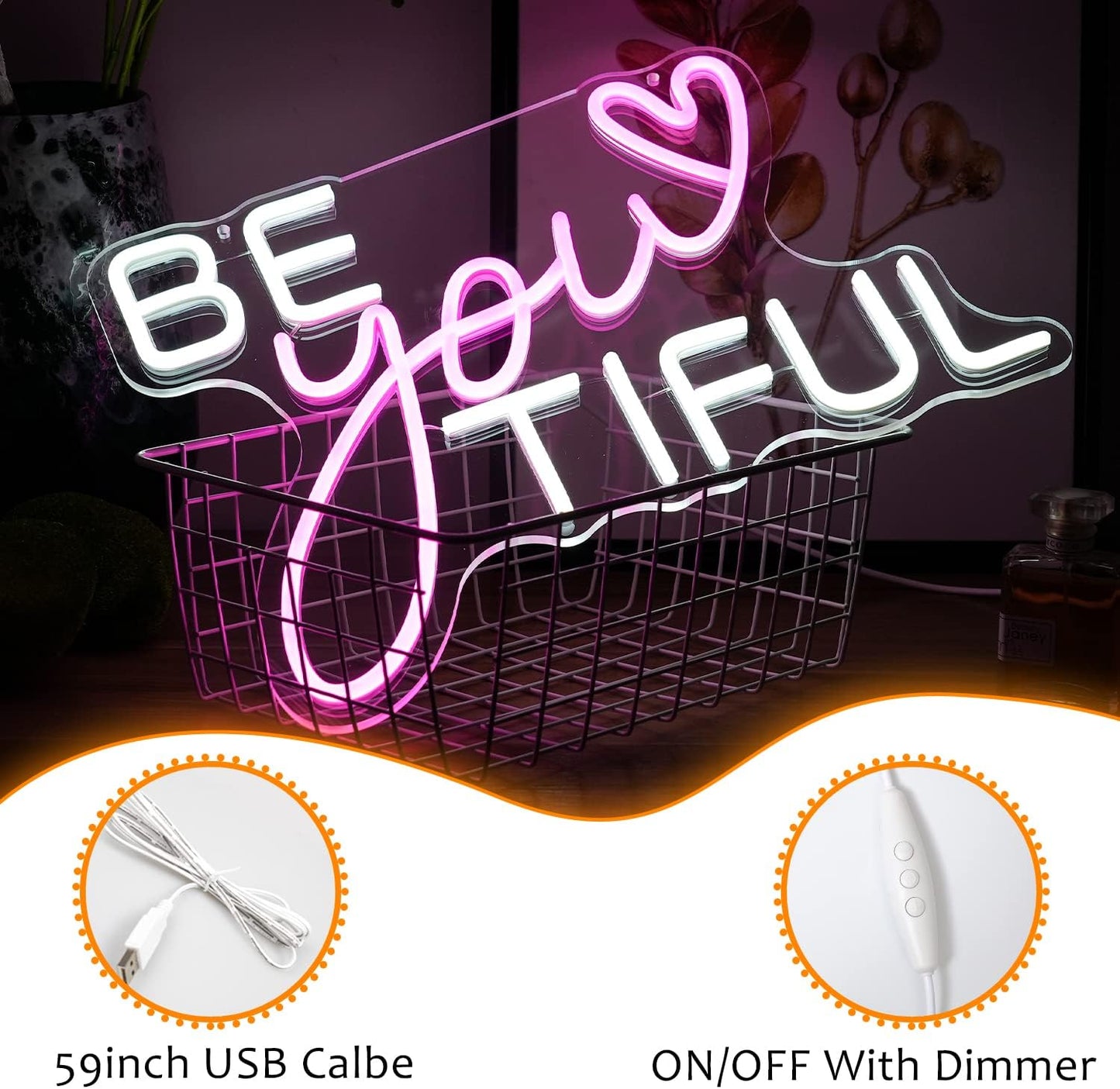 Be Your Tiful Neon Sign Dimmable Letter Neon Signs White Pink Wall Decorative Lights Powered USB with Switch for Bedroom Kid Room Shop Apartment Birthday Party Wedding （15.7’’X11.8’’）