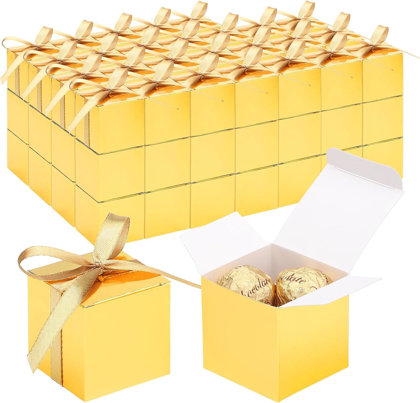 EUSOAR Small Gift Boxes with Lids, 120pcs 2x2x2 Inches Gold Party Favor Box Soap Packaging with Ribbon, Cube Candy Box Mini Muffins Bags Macaron Container for Birthday Advent Calendar DIY Supplies