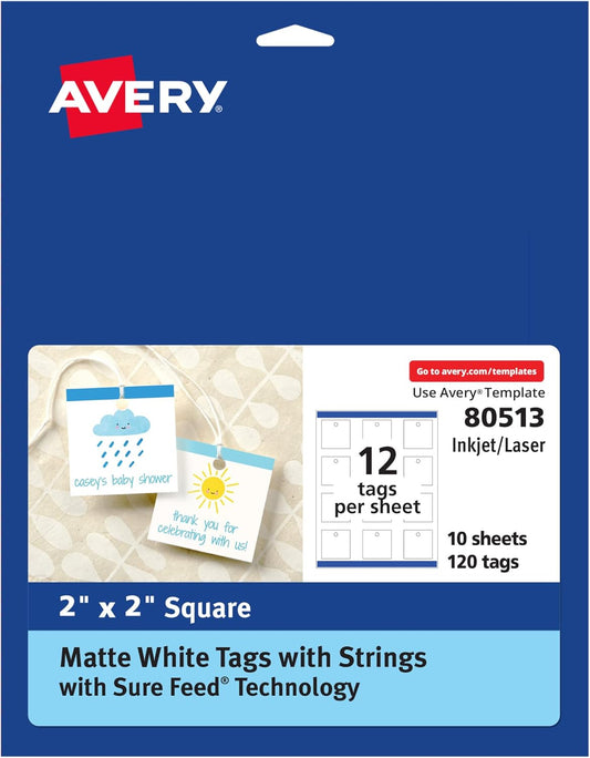 Avery Square Tags, Sure Feed Technology, 2" x 2", Matte White, Strings Included, 120 Total, Print-to-The-Edge, Laser/Inkjet Printable (80513)
