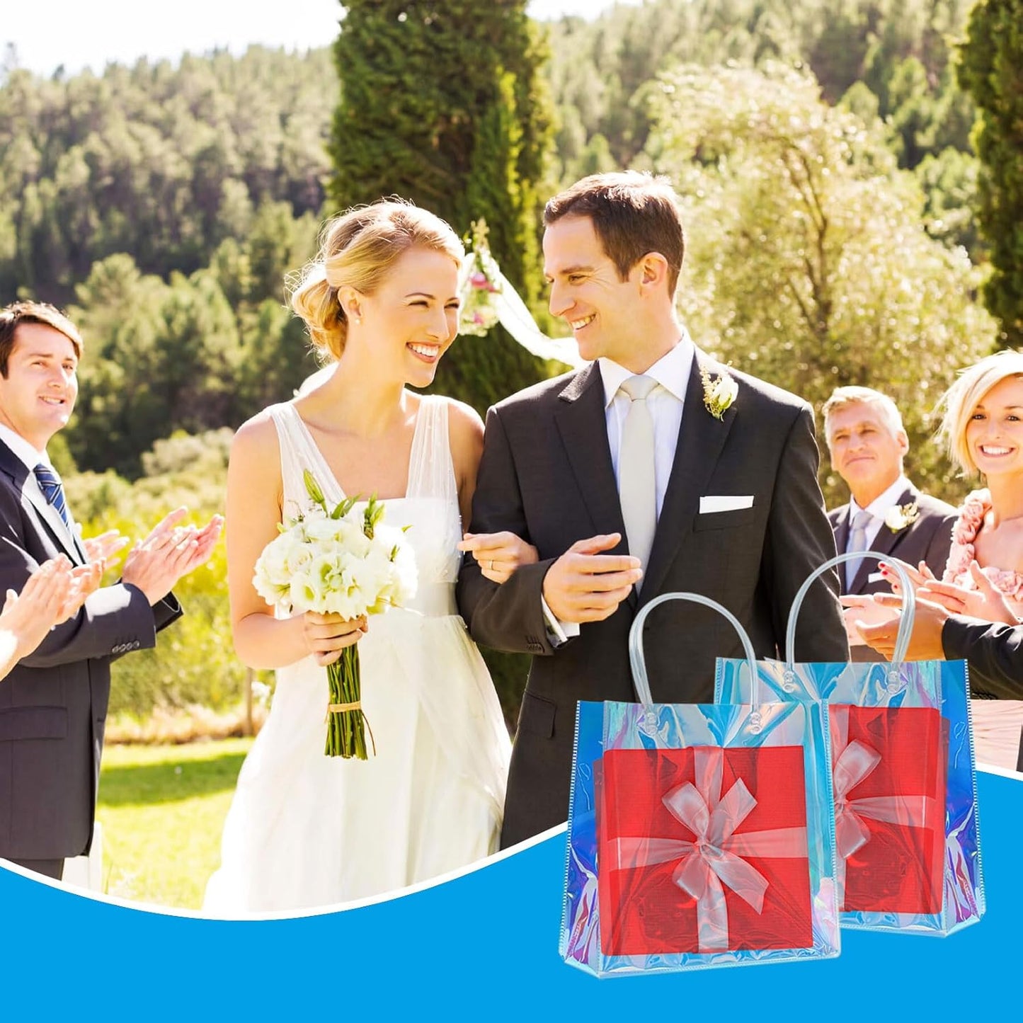 Vankcp 16 PCS Mini Party Favor Bags, 5.9×6.3inch Clear PVC Gift Bags with Handles, Iridescent Clear Bags, Holographic Gifts Bag for Birthday Weddings Party Favors Gifts