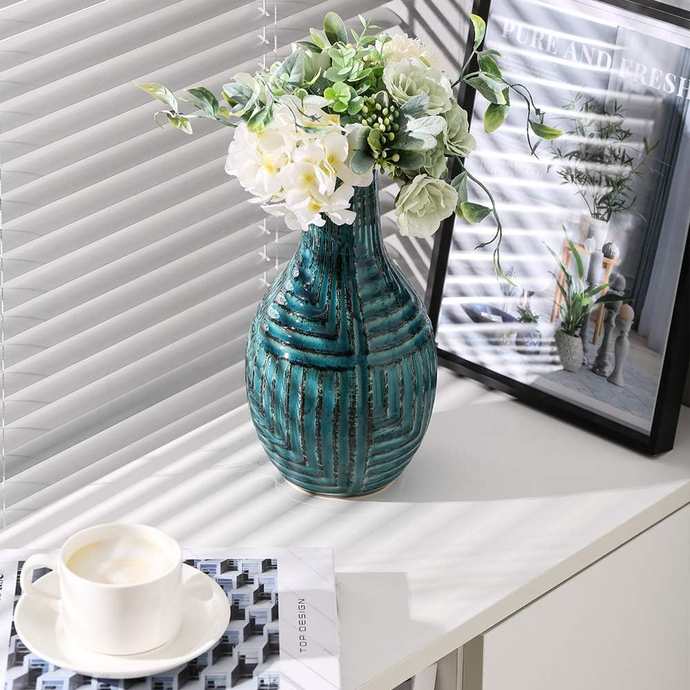 hjn Ceramic Vase - Teal Vase for Home Decor, Modern Decor Accents - Teal, Small - 9.4" H