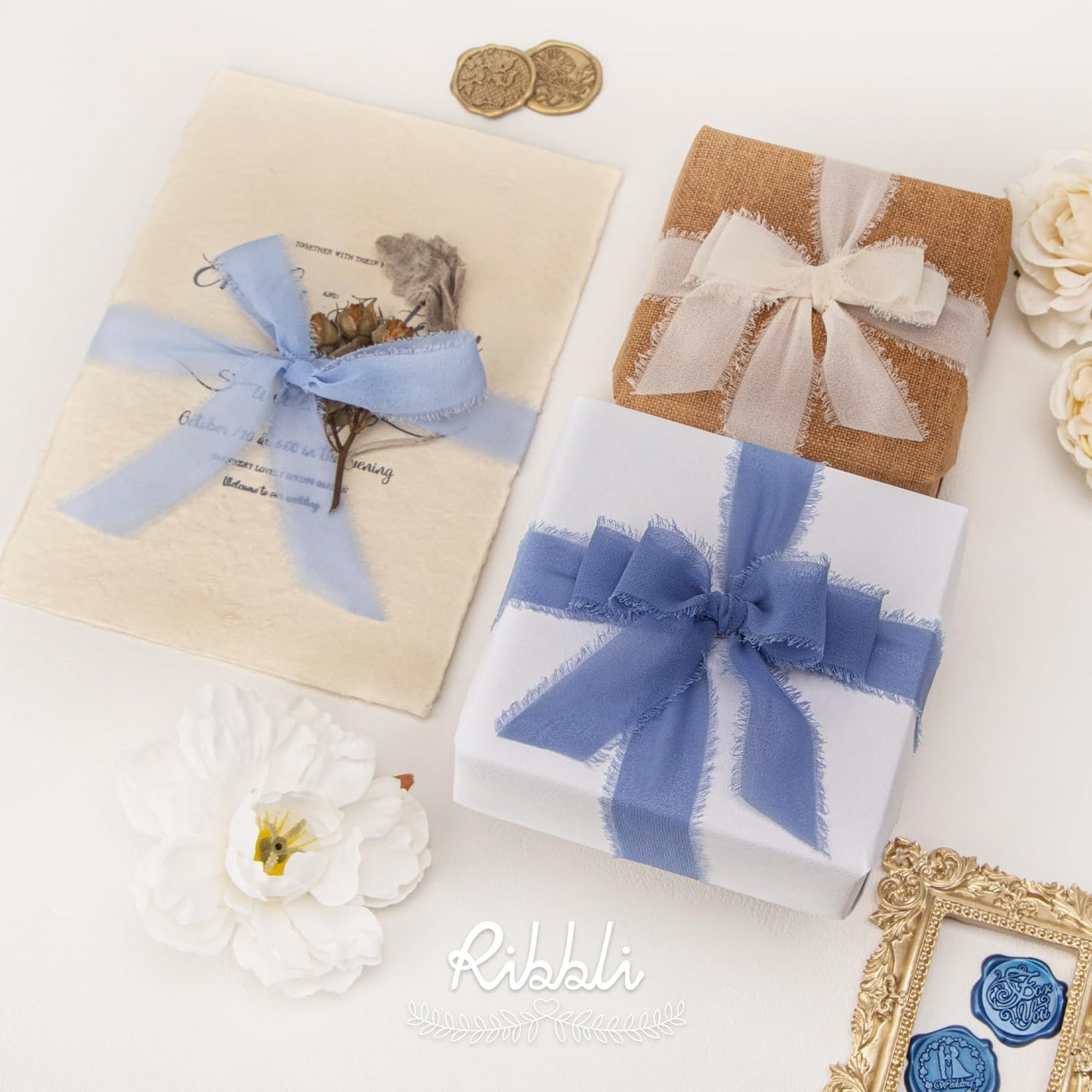 Ribbli Blue Ribbon 1 Inch x 3 Rolls Total 24 Yards Cream/Blue/Dusty Blue Handmade Fringe Chiffon Silk Ribbon for Wrapping Wedding Invitations Bridal Bouquets DIY Crafts Home Decor