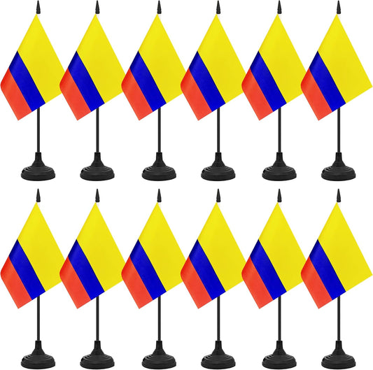 12 Pack Colombia Desk Flag Set, Colombian Table Office Flag, Small Miniature Desktop Flag With Black Pole and Black Base, Classroom, Offices Meeting Desk Decoration (Colombia)