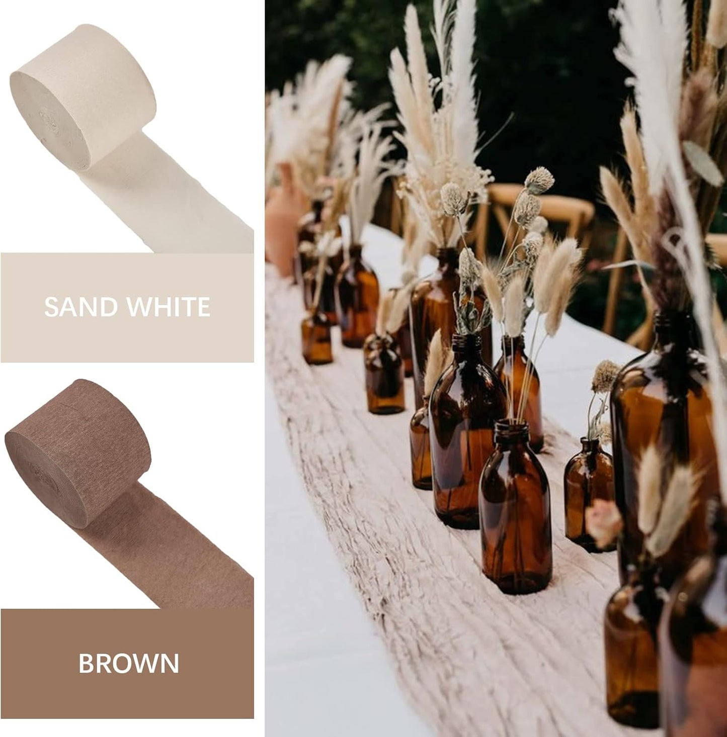 PartyWoo Brown Crepe Paper Streamers 4pcs 328ft Pack of Boho Neutral Sand White Crepe Paper Streamers for Birthday Baby Shower Wedding Graduation Anniversary Woodland Jungle Theme Party Decorations