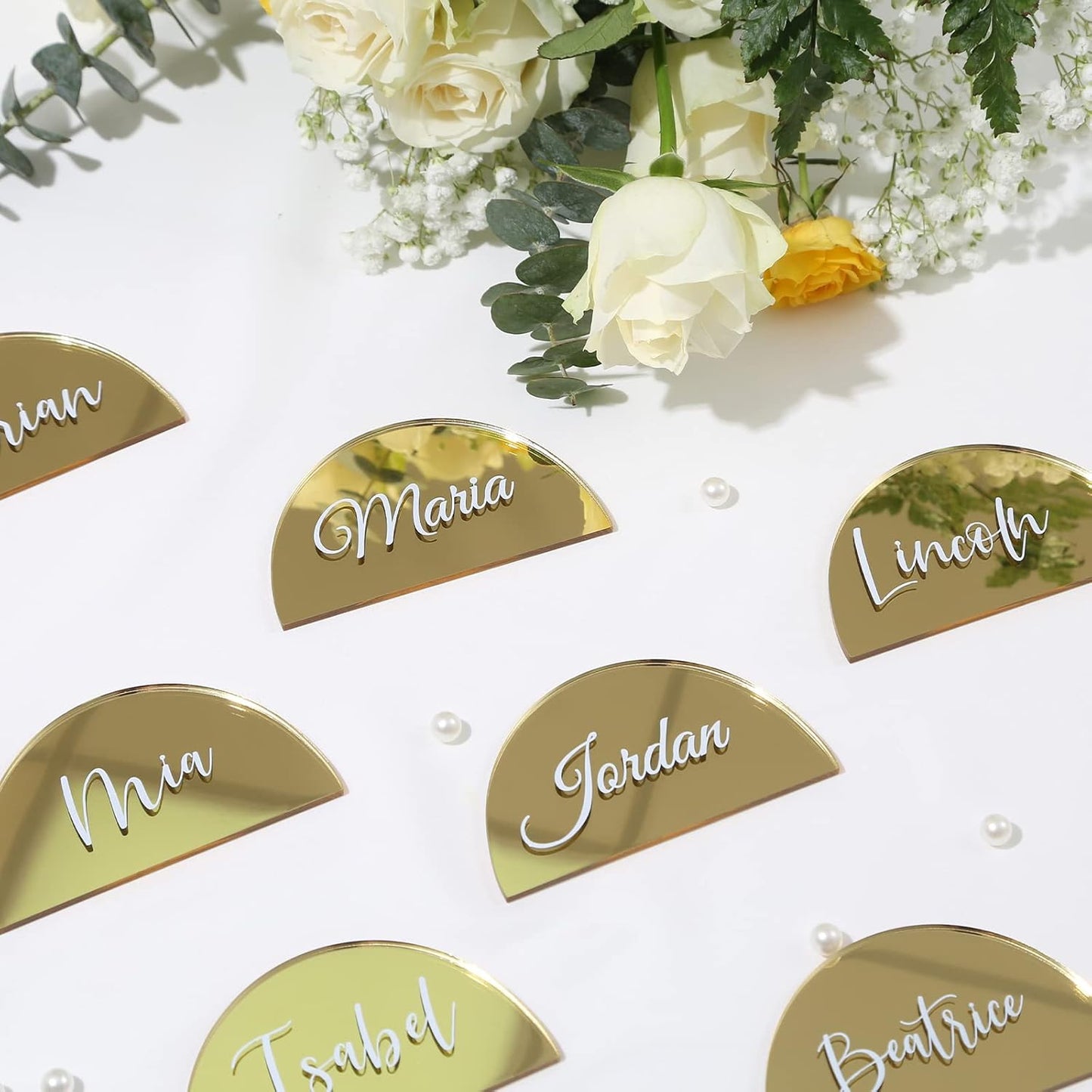 UNIQOOO 20 Pcs 3.5x2 inches Gold Mirror Half Circle Acrylic Sign DIY Blank Semicircle Acrylic Place Cards, Perfect for Wedding Table Decor, Centerpiece, Decoration, Party,Anniversary, Event