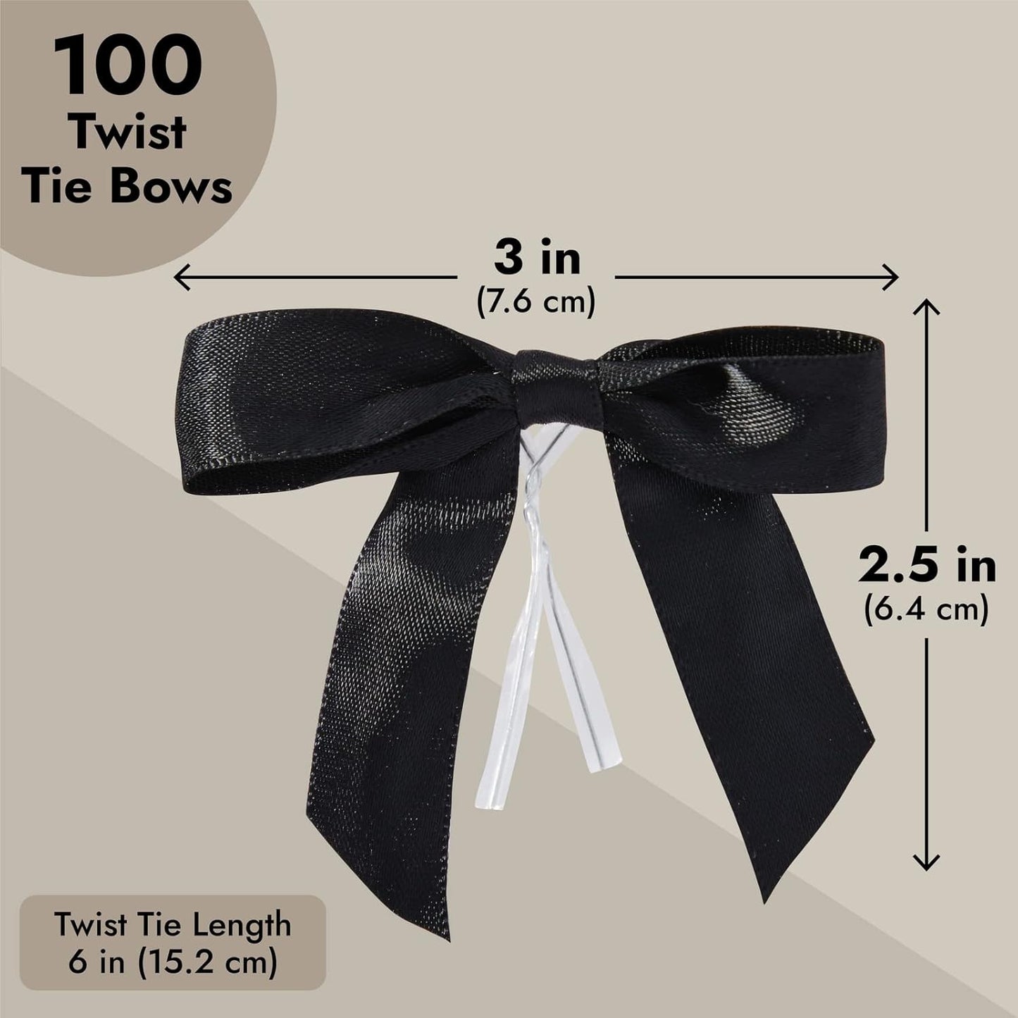 Juvale Gift Bows with Twist Ties - Mini Bows for Crafts & Wrapping - Pre-Tied Satin Polyester Ribbon for Treat Bags & Balloons - 3-Inch, Black, 100 Pack