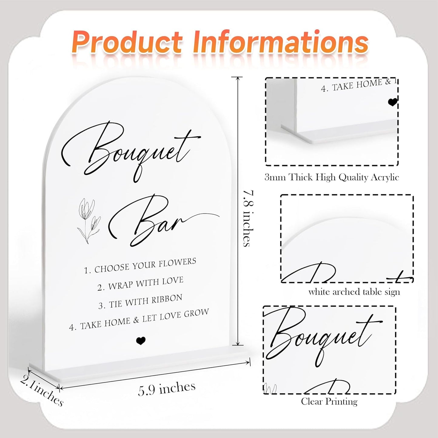 Bouquet bar Sign, White Arch Acrylic Wedding Sign, Flower Bar Supplies, Wedding Reception Decorations, Bridal Shower Decor, Engagement Party Decor, Centerpiece Table Decorations Party-9
