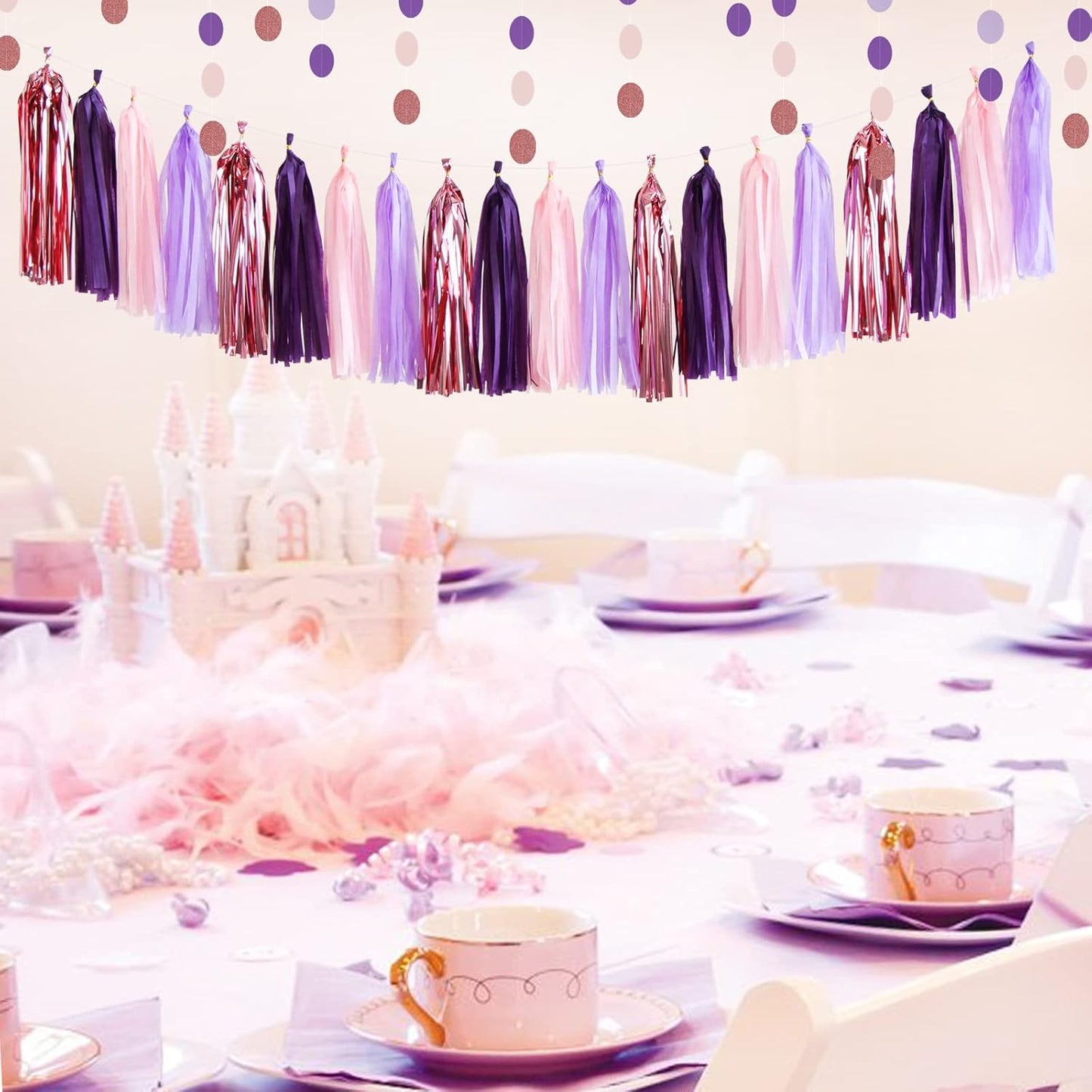 Rose-Gold Pink Purple Party Decorations - 30pcs Tissue Pom Poms Streamers,Baby Shower Decorations Girl Women Birthday Tassel Garland Banner,Bachelorette Wedding Engagement Decor Lasting Surprise