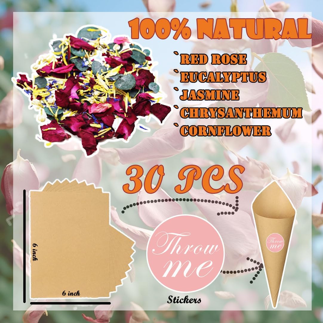 3 Quarts of Red Rose Petals and Eucalyptus Leaves Wedding Confetti with Delphinium, Jasmine, and Marigold for Christmas - Large Packaging for 30 Cups