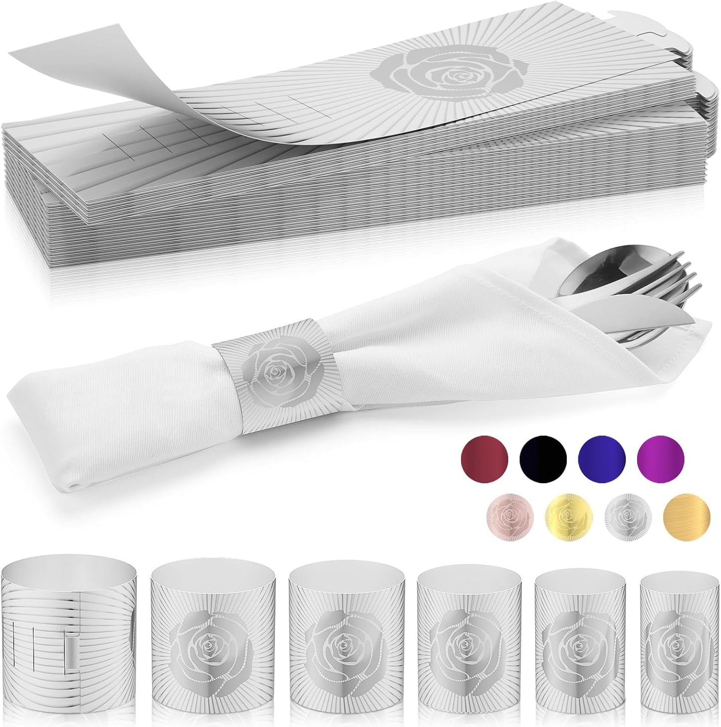 Polymer Material Reusable Napkin Band, Glue-Free Tear-Proof Water Resistant Oil-Proof Napkin Bands Set of 100(Front Silver Rose and Back Silver Color), 6 Adjustable Sizes Napkin Rings