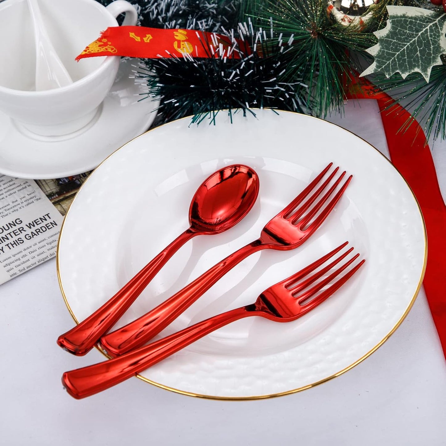 NOCCUR 180PCS Red Plastic Silverware Set - Red Flatware Set Heavy Duty - Include 60 Forks, 60 Spoons, 60 Knives - Ideal for Christmas Party