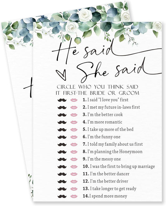 Would She Rather - Botanical Bridal Shower Game Cards - 50 Pcs Eucalyptus Leaves Game Cards - Funny Wedding Party Games for Bride & Groom - Activities for Bachelorette Party - A04