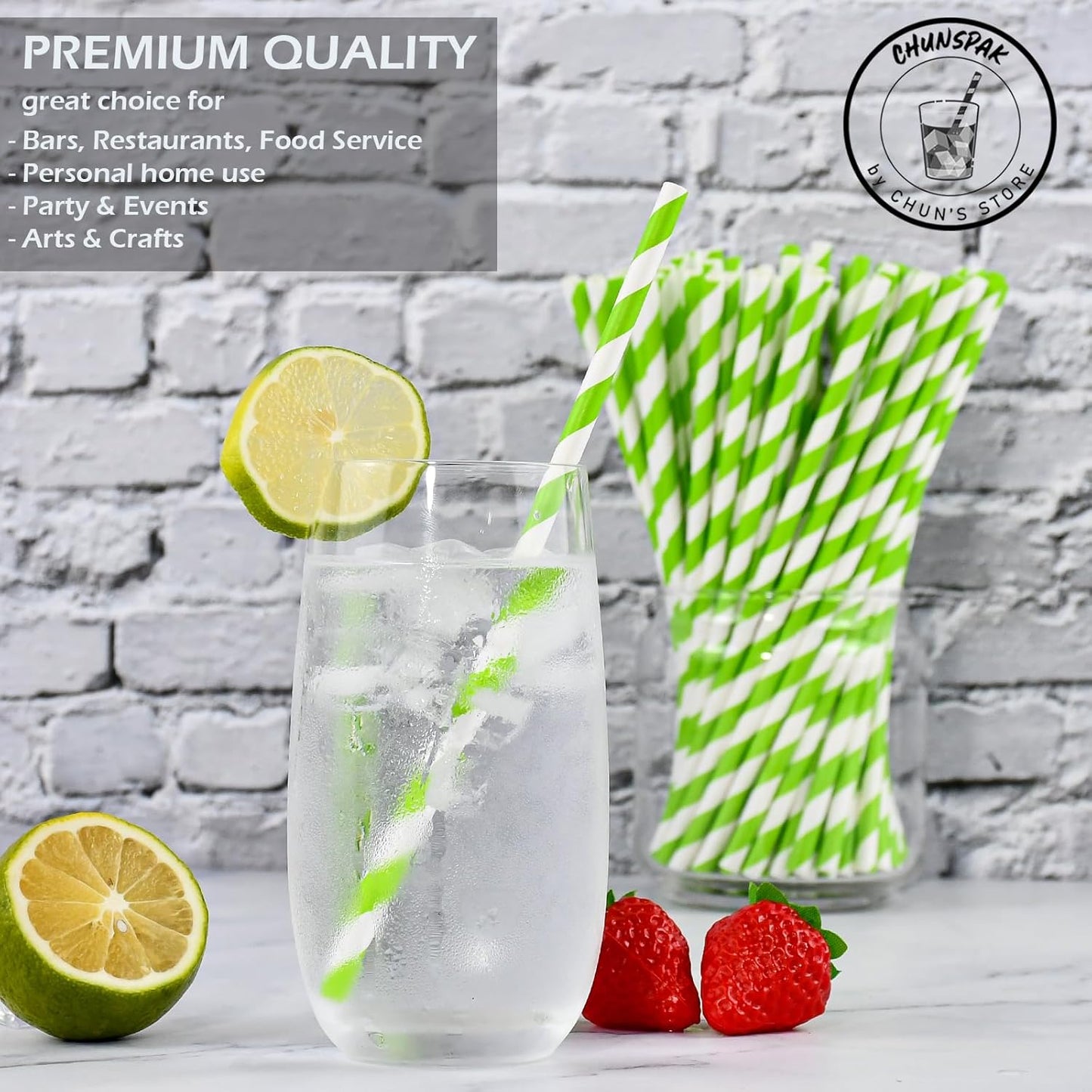 [1000 Count] 7.75 Inch Green/White Striped Paper Drinking Straws Bulk, 100% Biodegradable