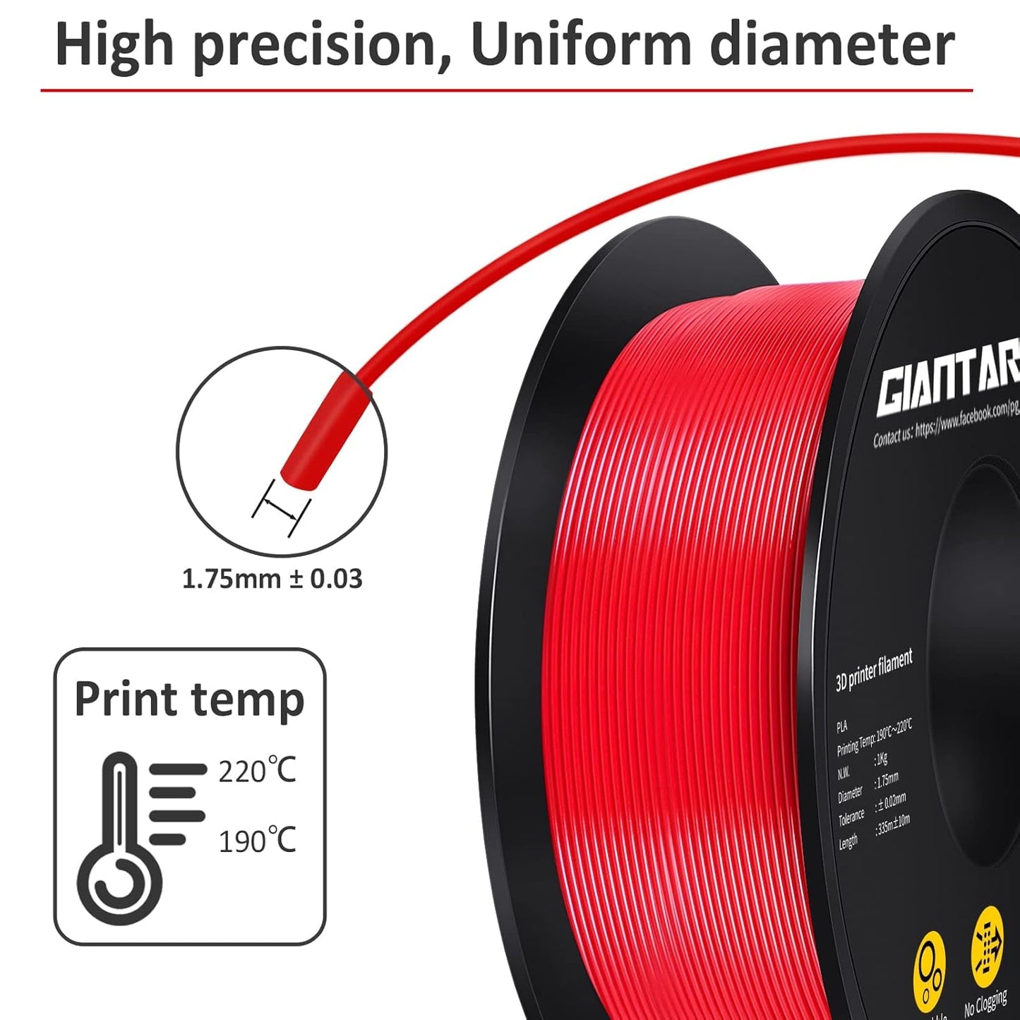 GIANTARM 3D Printer Filament, Red Pla Filament, 1Kg(2.2lbs) Spool, 1.75mm Dimension Accuracy +/- 0.03mm, 3D Printing Filament