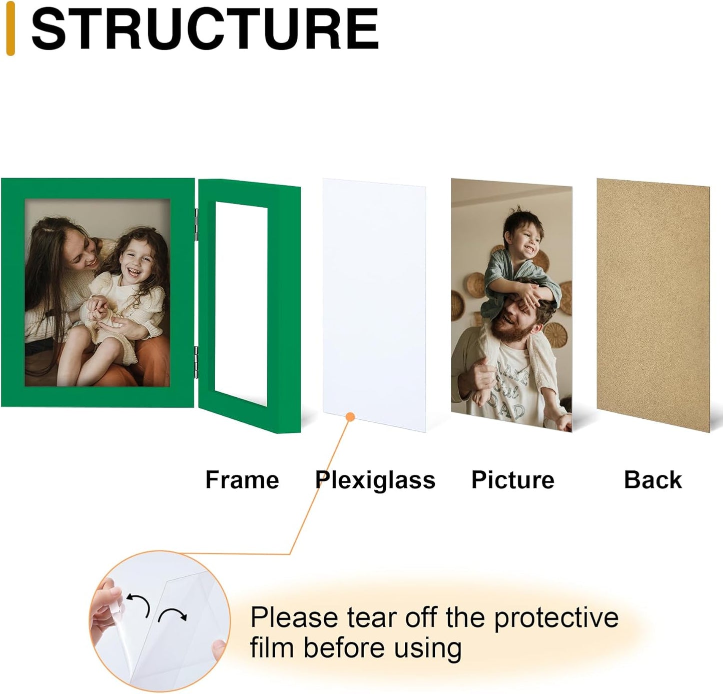 decorUhome Double 4x4 Picture Frame Vertical, Engineered Wood Bifold Photo Frame with Plexiglass for Tabletop Display, 4x4, Green