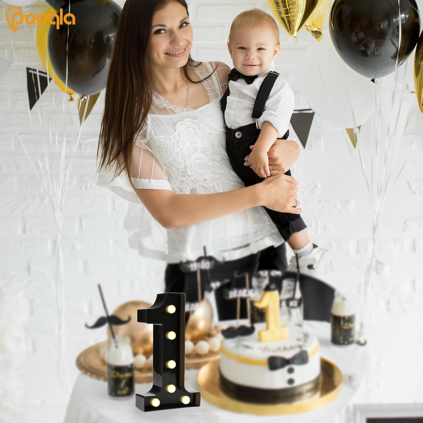 Pooqla Decorative Led Light Up Number Letters, Black Plastic Marquee Number Lights Sign for 1st 10th 21th Birthday Party Wedding Decor Battery Operated Black Decoration 1