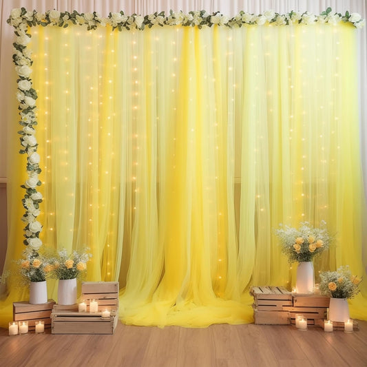 10×10ft Yellow Tulle Backdrop Curtain with Lights String for Parties, Sheer Curtain Backdrop Drapes for Wedding Party Photography Background