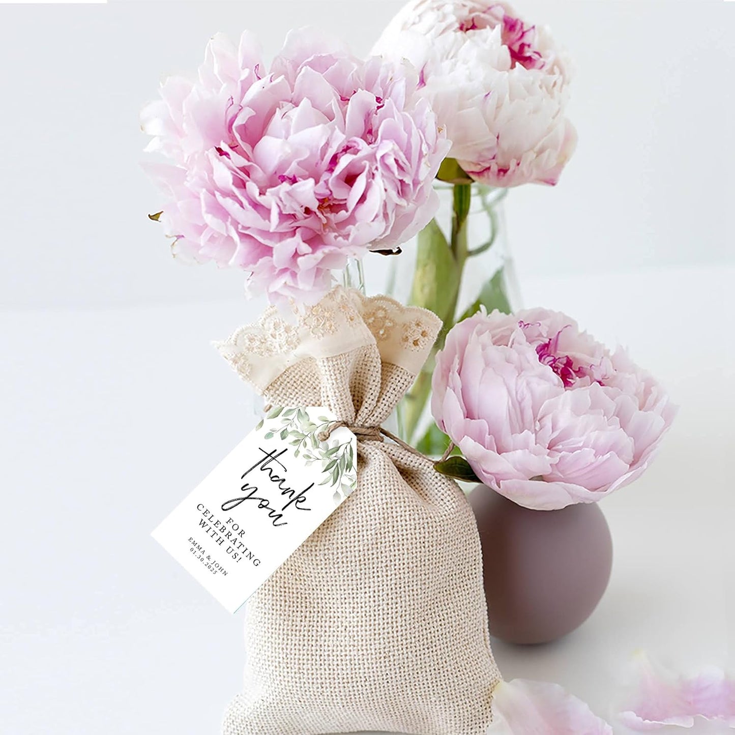 Andaz Press 100-Pack Personalized Thank You Wedding Favor Tags with Bakers Twine Greenery Leaves Custom Thank You Tags Wedding Gift Tags 2' X 3.75'