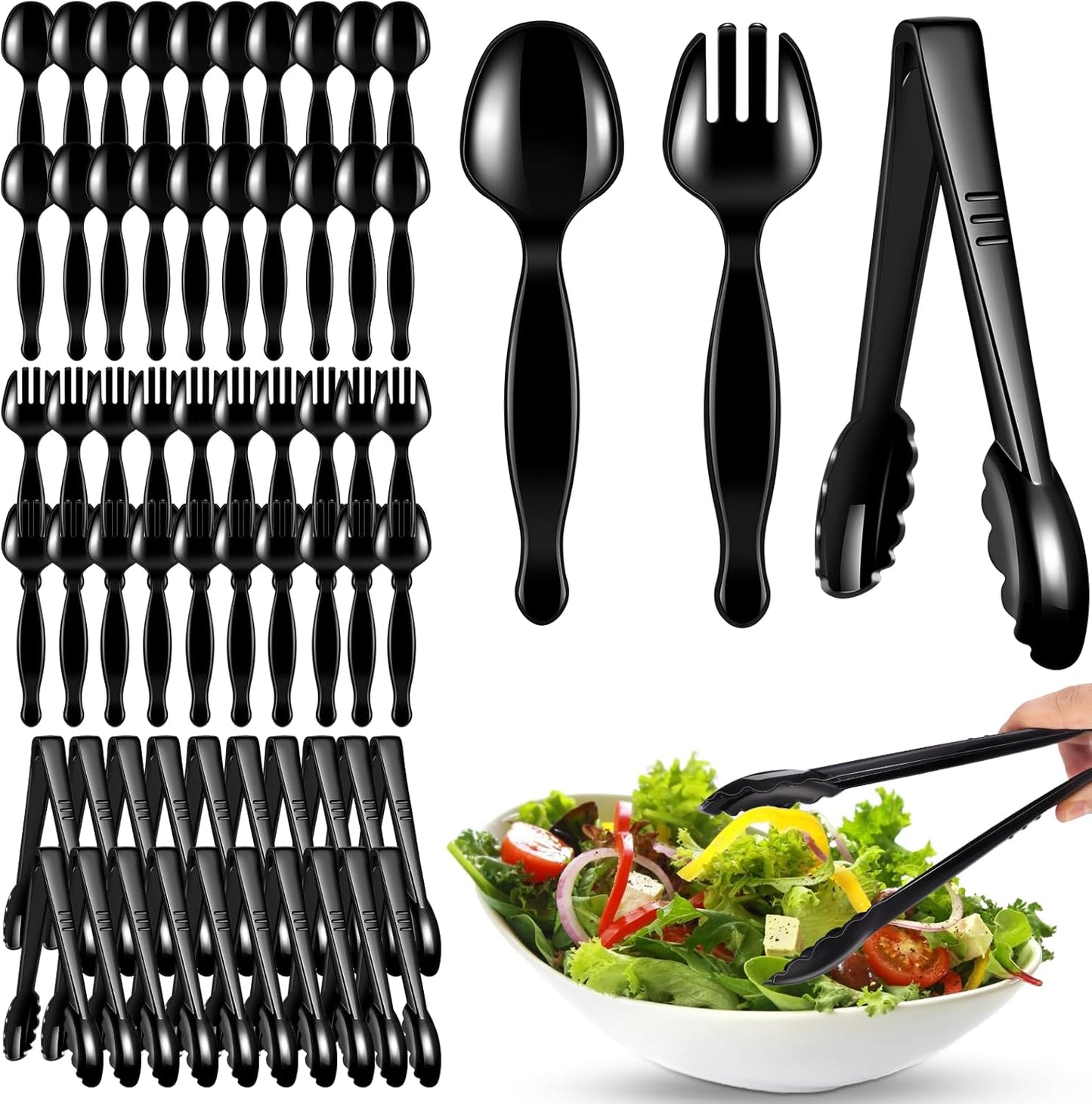 60 Pcs Disposable Black Plastic Serving Utensils,20 Set Including 9" Plastic Serving Spoons, Forks and Tongs for Dinner Parties, Buffets,Banquets, Events, Weddings, and Daily Use