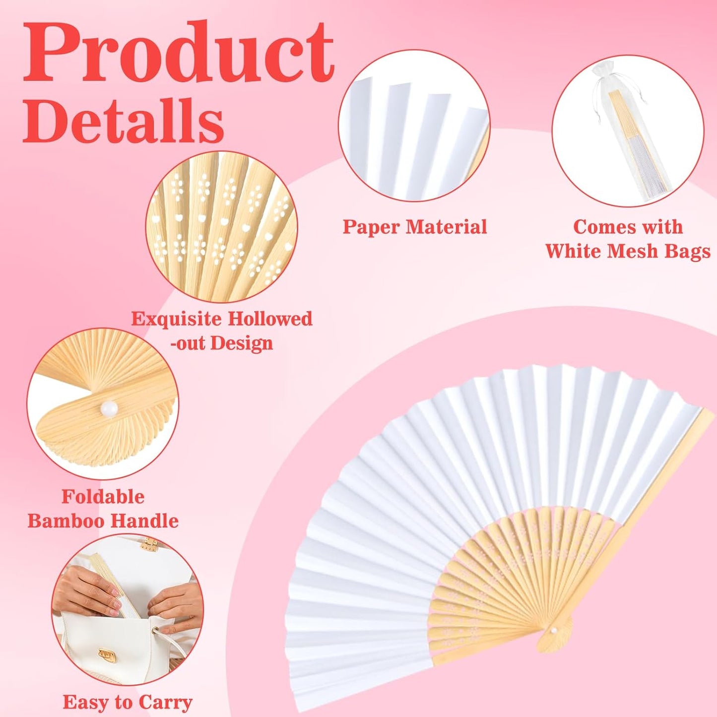 NEBURORA 6Pcs White Handheld Paper Fans 8.3 Inch Hand Held Bamboo Fans Foldable for Wedding Decoration Outdoor Party Favors DIY Decoration Dancing Photography Props
