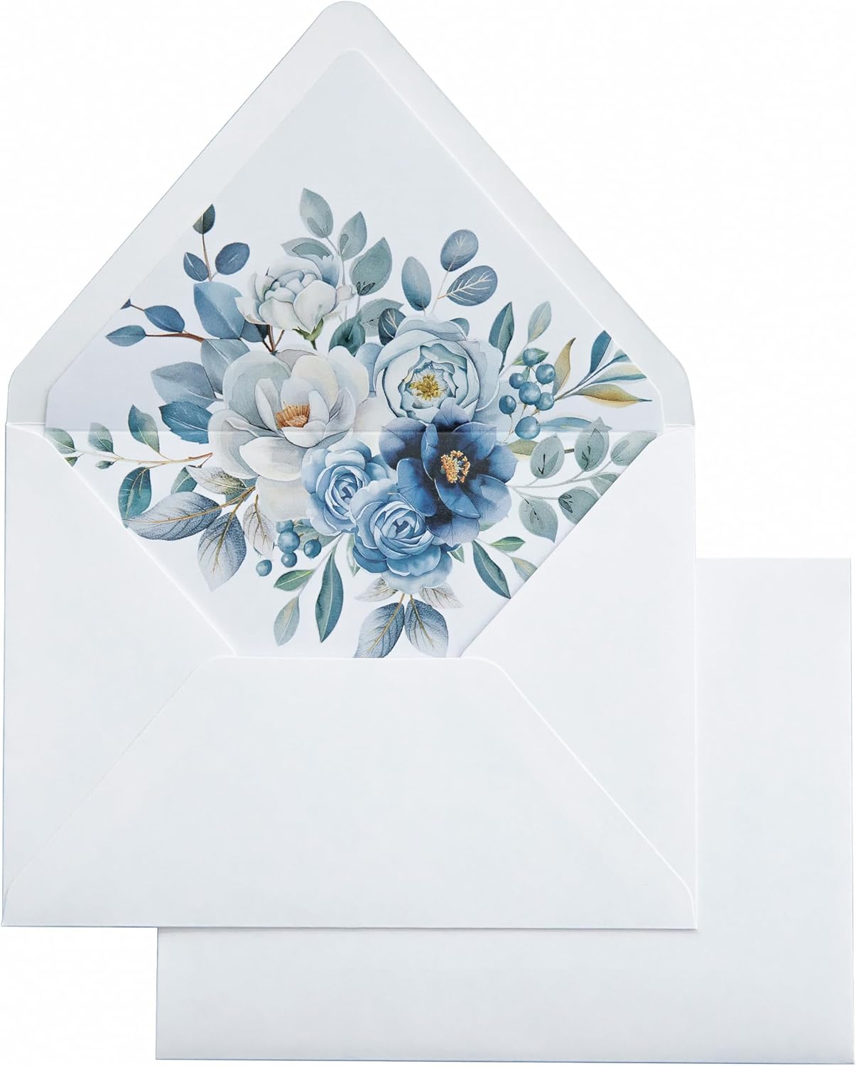 PONATIA 50PCS A7 Euro Flap White Envelope, 5.25 x 7.25'' Dusty Blue Flowers Liner Envelopes for Wedding Invitations, Photos, Postcards, Greeting Cards, Acrylic Mailing, 5x7 Envelopes