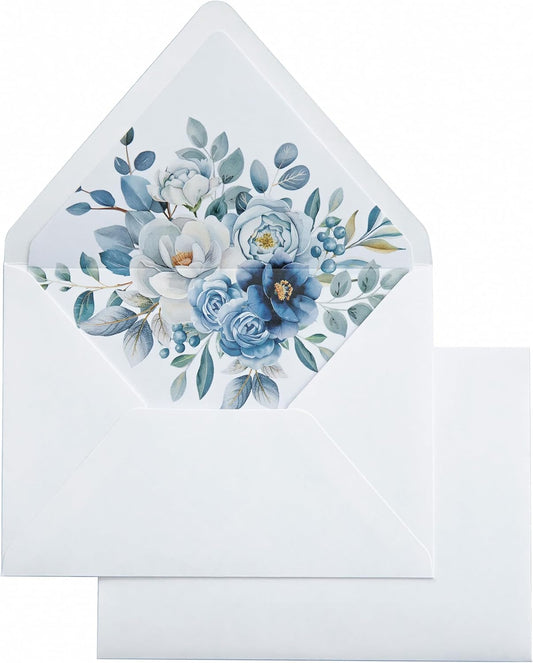 PONATIA 50PCS A7 Euro Flap White Envelope, 5.25 x 7.25'' Dusty Blue Flowers Liner Envelopes for Wedding Invitations, Photos, Postcards, Greeting Cards, Acrylic Mailing, 5x7 Envelopes