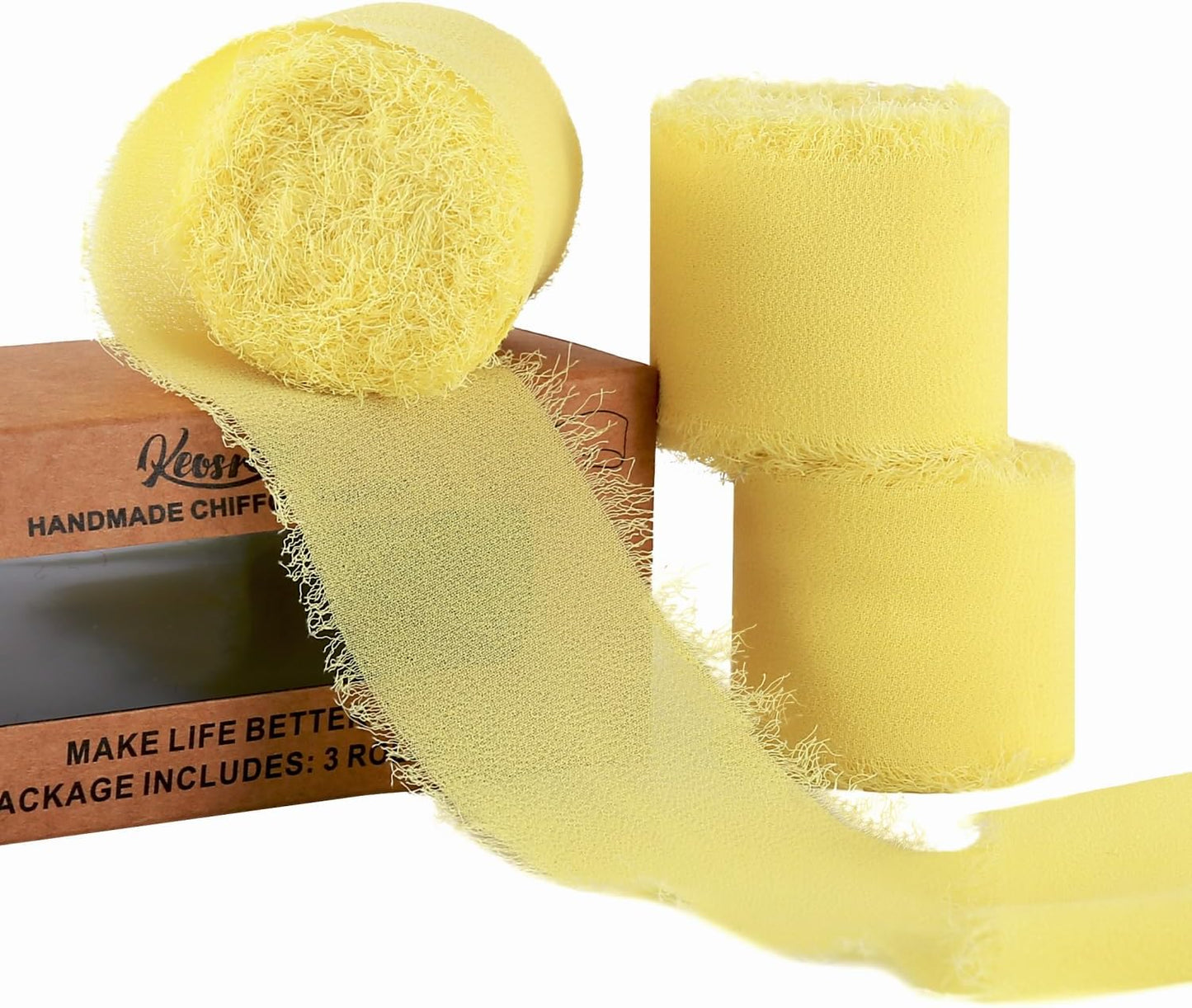 3 Rolls Cream Yellow Handmade Chiffon Ribbon,1.5" x 21Yd Frayed Fringe Silk Ribbons (3 Rolls *7Yd) for Gifts Wrapping, Wedding Invitations, Bridal Bouquets, Decoration