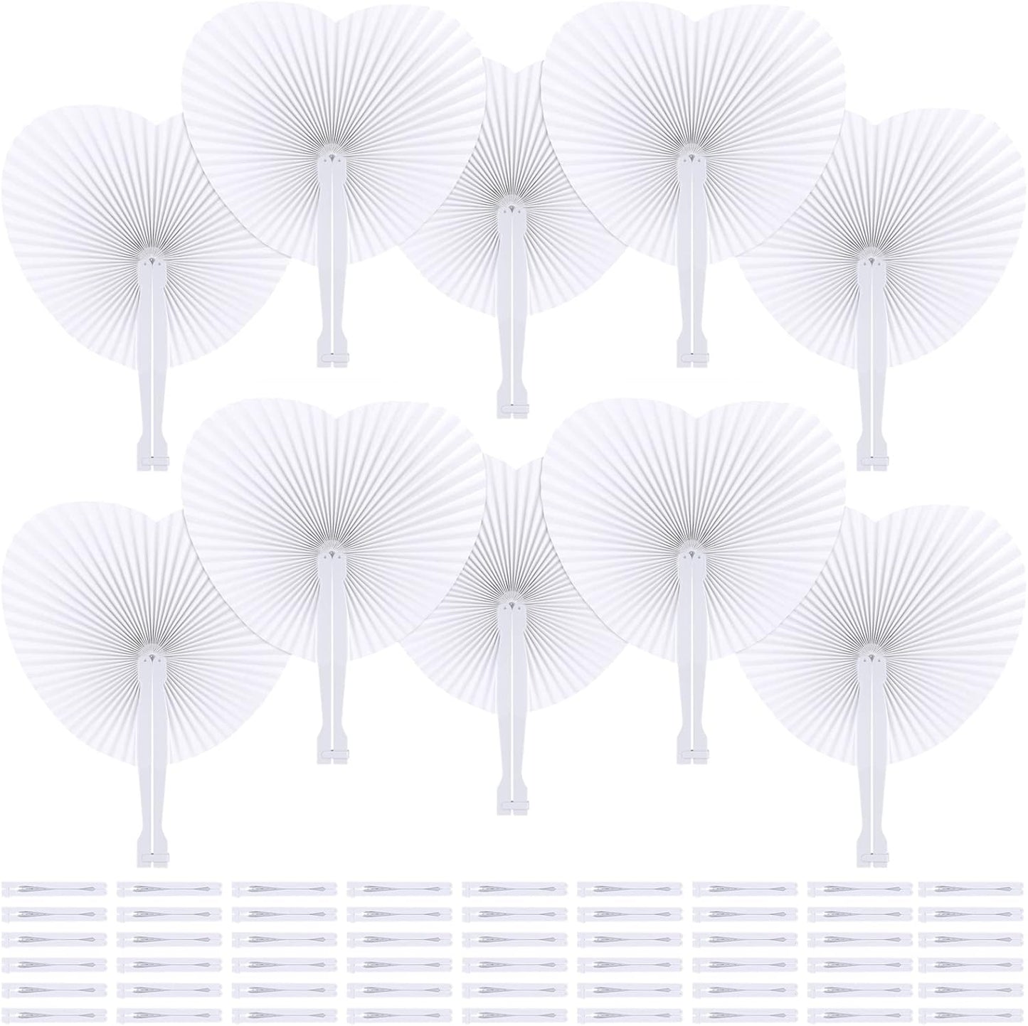Aodaer 72 Pack Heart Shaped Folding Fans White Paper Fans Handheld Fans with Plastic Handles for Party, Wedding, Anniversary Decoration