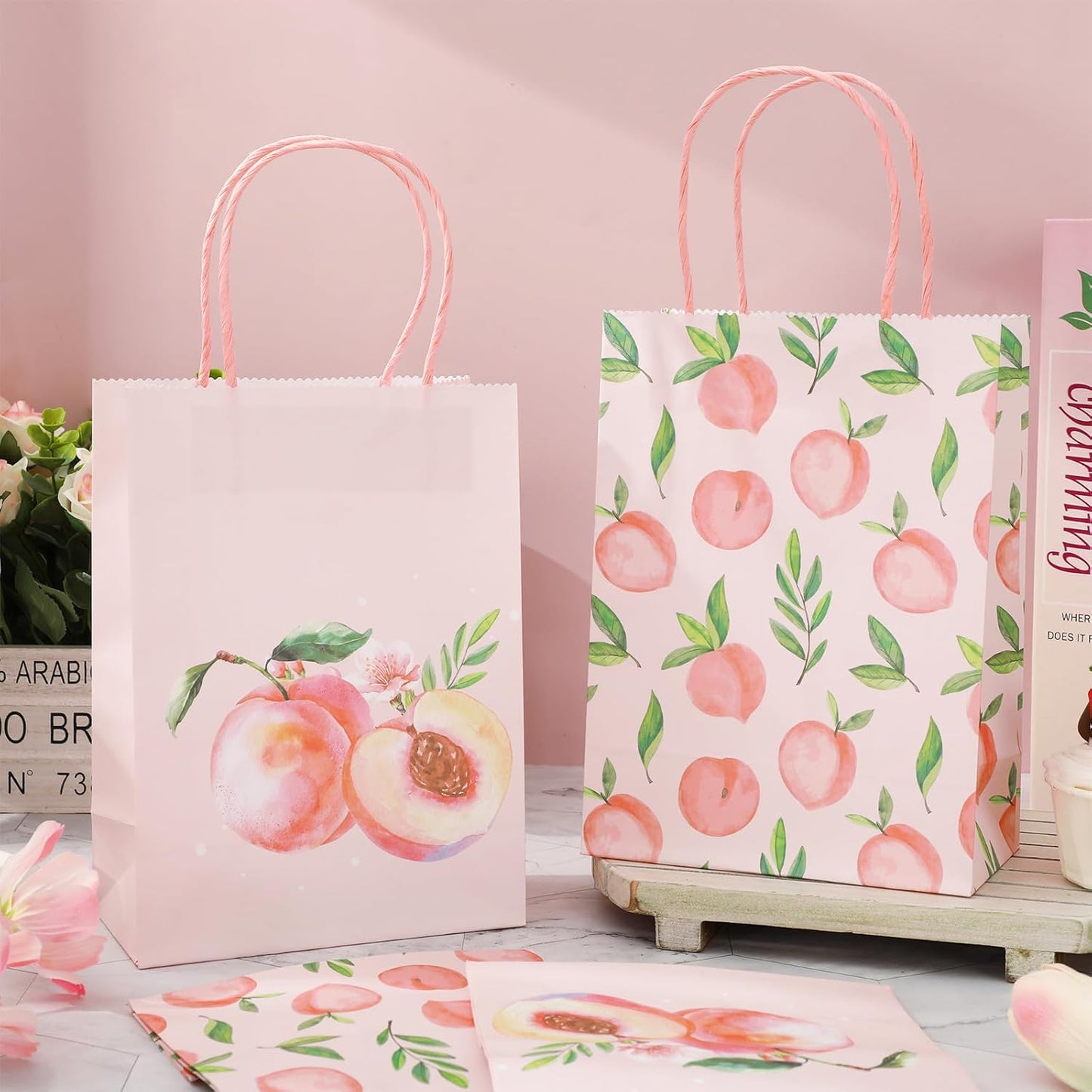 JarThenaAMCS 24Pcs Peach Paper Gift Bag Pink Treat Bags with Handles Candy Goodie Bags for Spring Summer Wedding Birthday Bridal Baby Shower Party Favors Supplies