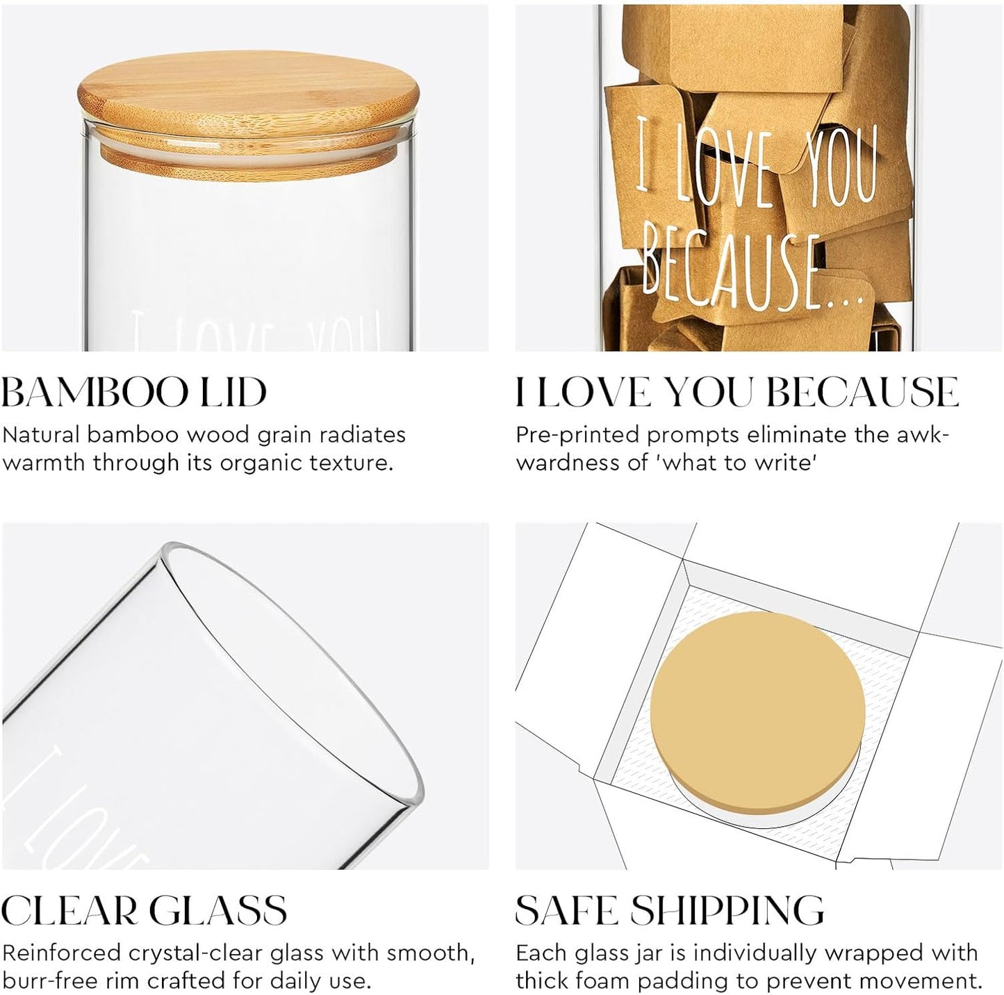 AW BRIDAL 50 Blank Love Notes Memory Jar, Anniversary Birthday Gifts for Boyfriend Girlfriend Husband Wife Mom Dad Friends, Couple Gifts Love You Because Jar for Engagement Bridal Wedding Registry