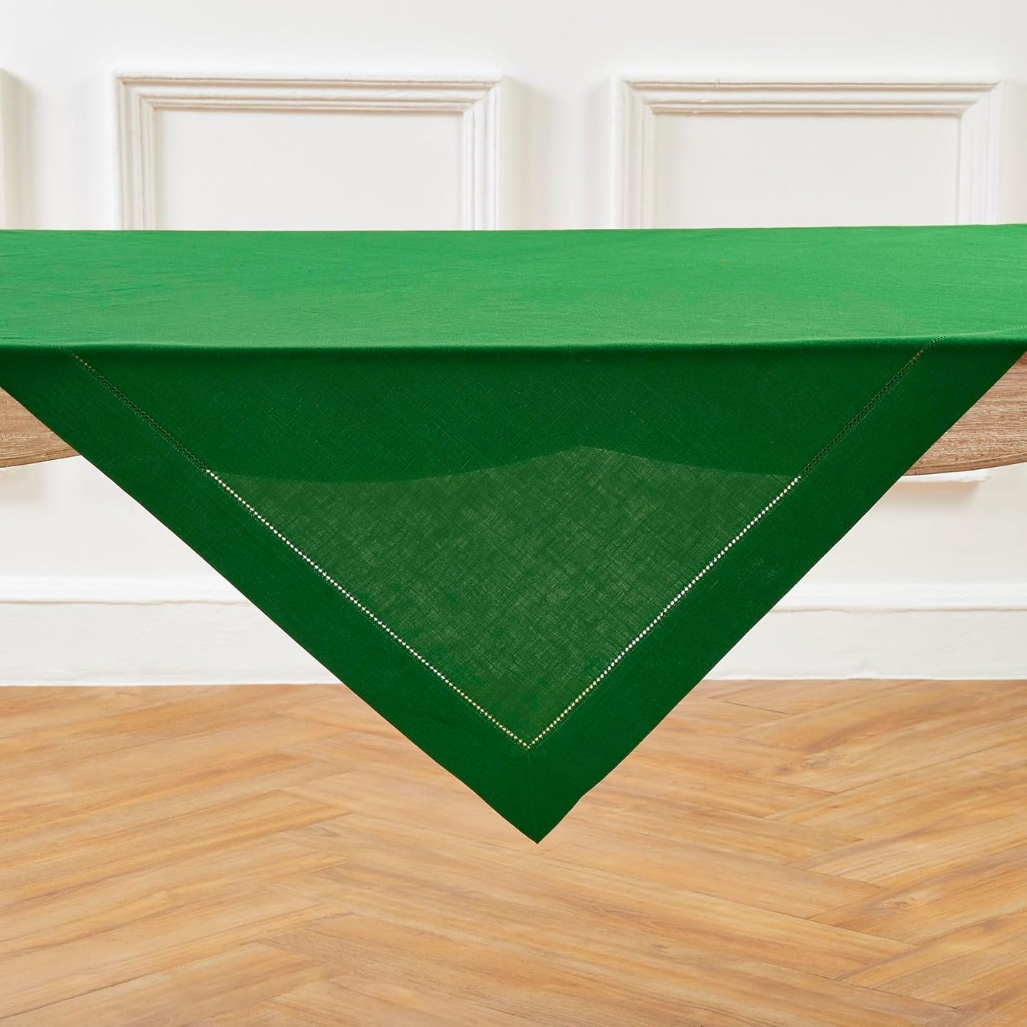 Solino Home Linen Tablecloth 52 x 52 Inch - 100% Pure Linen Garden Green Square Tablecloth - Classic Hemstitch, Machine Washable Table Throw for Christmas