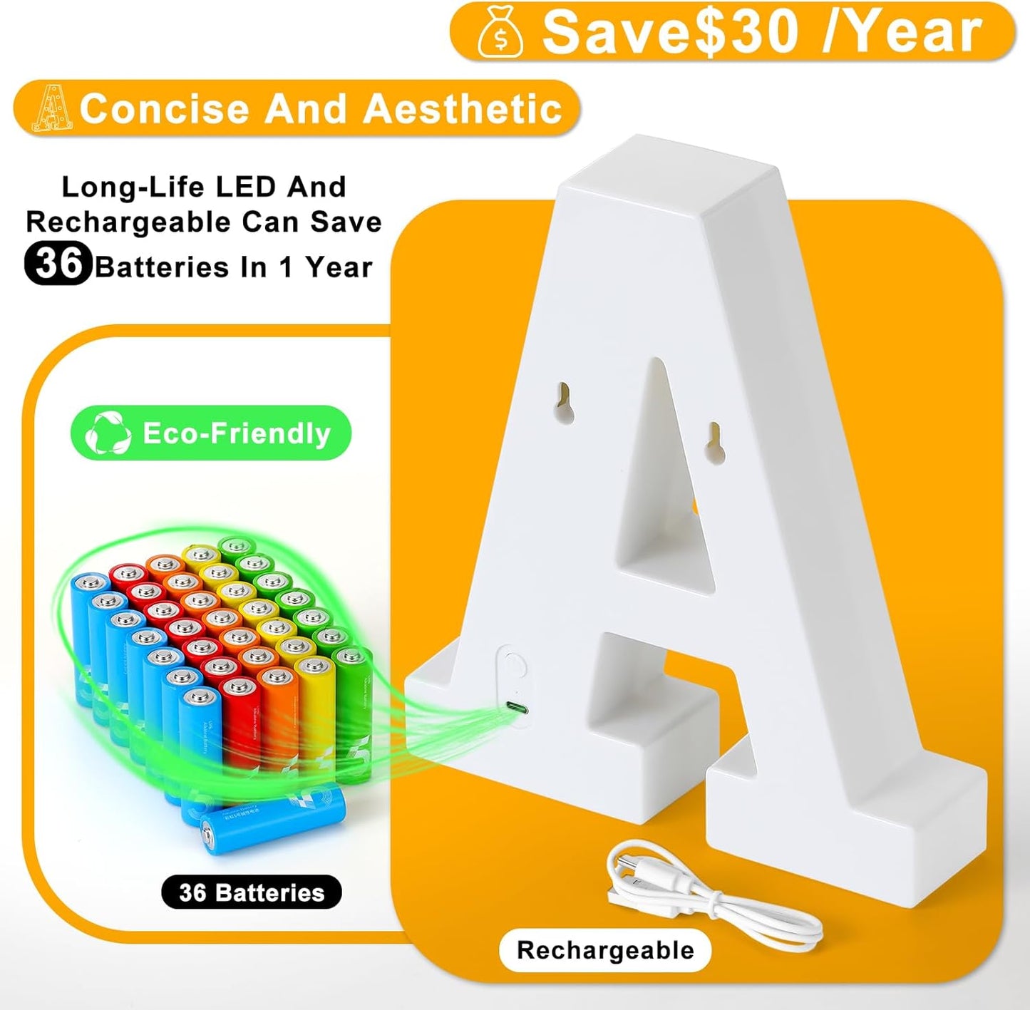 Foaky Rechargeable LED Letter Lights Sign Marquee Light Up Letters Sign for Night Light Wedding/Birthday Party Christmas Lamp Home Bar Decoration (M)